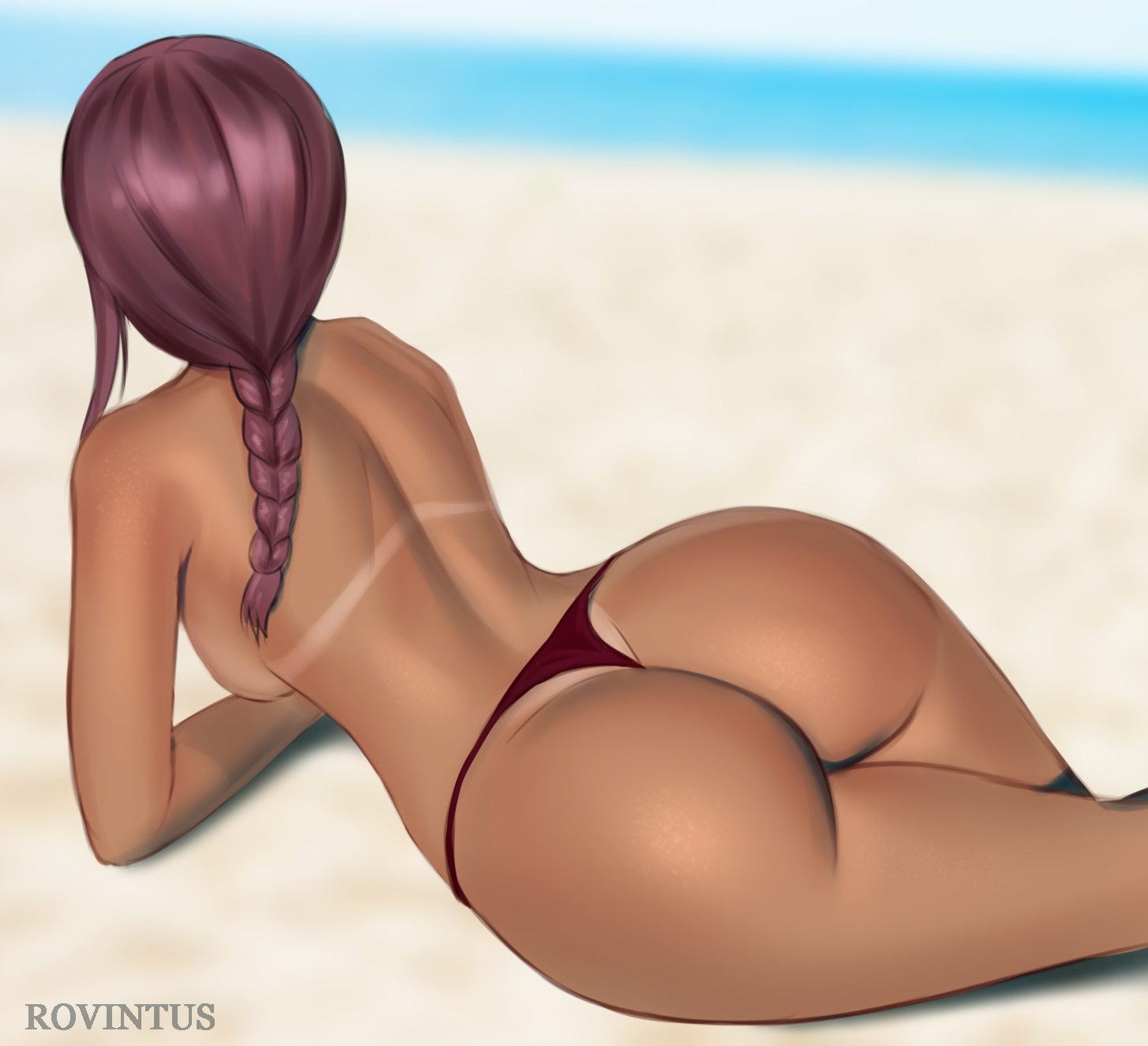 1girls, 2022, ass, ass focus, beach, bikini, braided hair, breasts, chainsaw man, facing away, female, female only, hips, huge ass, large breasts, long hair, makima (chainsaw man), outdoors, red hair, rovintus, slim waist, tan, tan-skinned female, tanlines, tanned skin, thick thighs, thighs, topless, wide hips