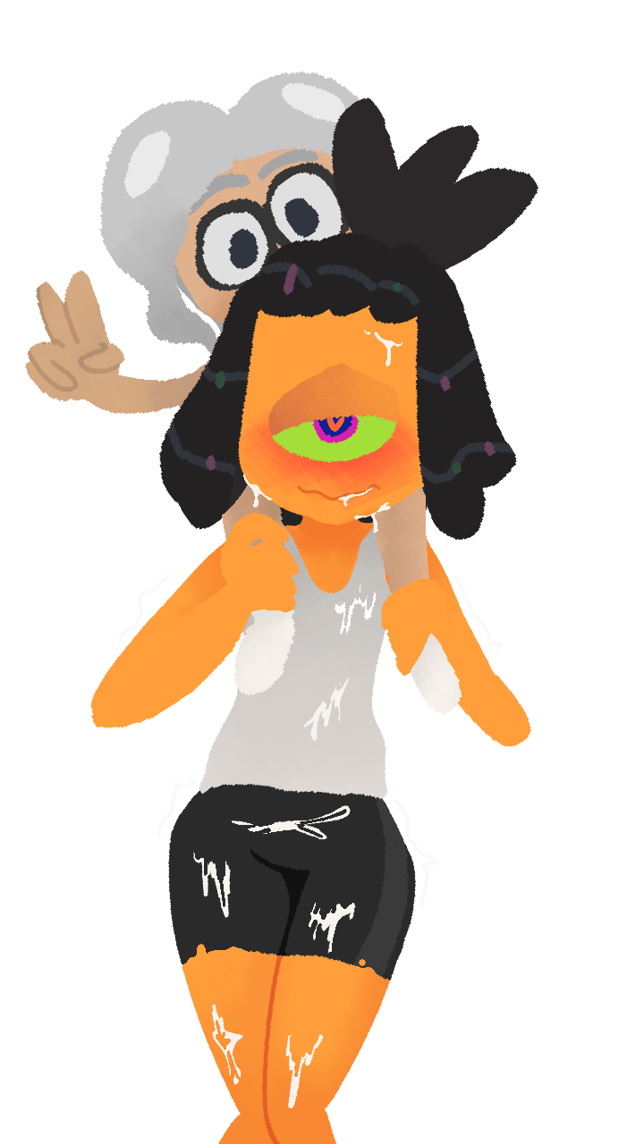 2022 2boys alternate_version_available cum cum_in_mouth cum_on_body green_sclera heart heart-shaped_pupils jembbrowm looking_at_viewer male male_only murch octoling_boy orange_skin peace_sign piggyback_ride shitpost splatoon splatoon_3 thick_thighs thighs