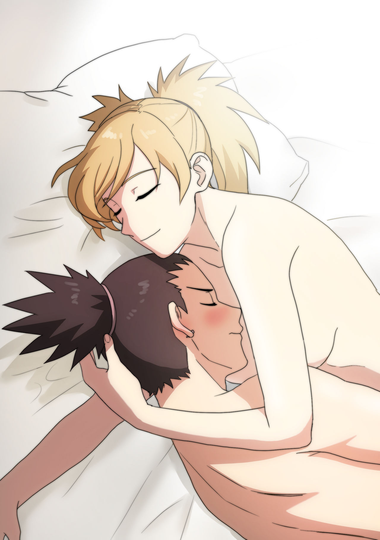 1boy, 1girls, after sex, blush, blushing male, breasts, canon couple, couple, cuddling, duo, duo focus, female, happy, hug, hugging, long hair, lying on bed, lying on person, lying on side, male, male/female, naked, nara shikamaru, naruto, naruto (series), naruto shippuden, naruto: the last, on bed, on side, ponytail, pp0823, quad tails, romantic, romantic couple, smile, straight, sunlight, temari, tied hair, upper body