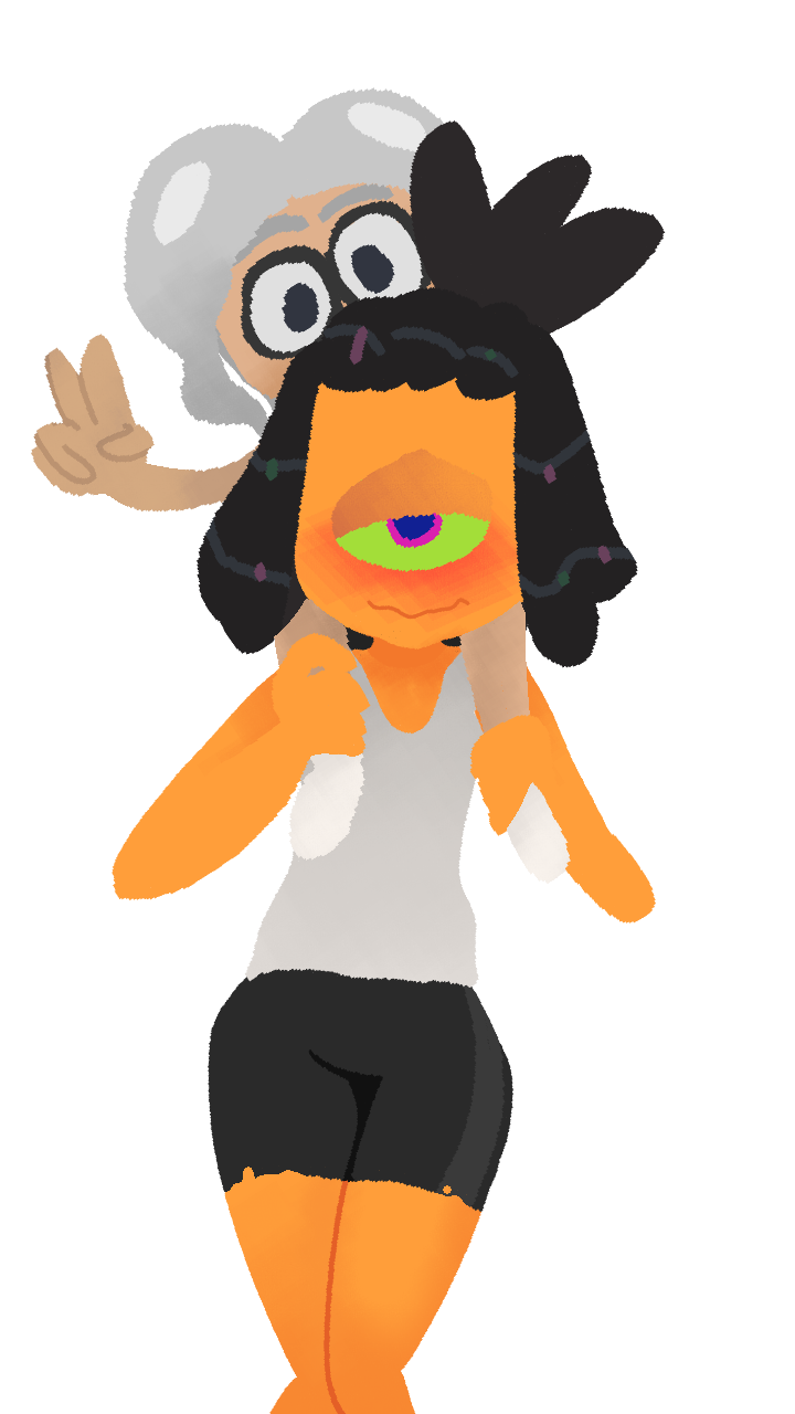 2022 2boys alpha_channel alternate_version_available jembbrowm looking_at_viewer male male_only murch nervous no_background octoling octoling_boy orange_skin peace_sign shitpost splatoon splatoon_3 thick_thighs thighs transparent_background