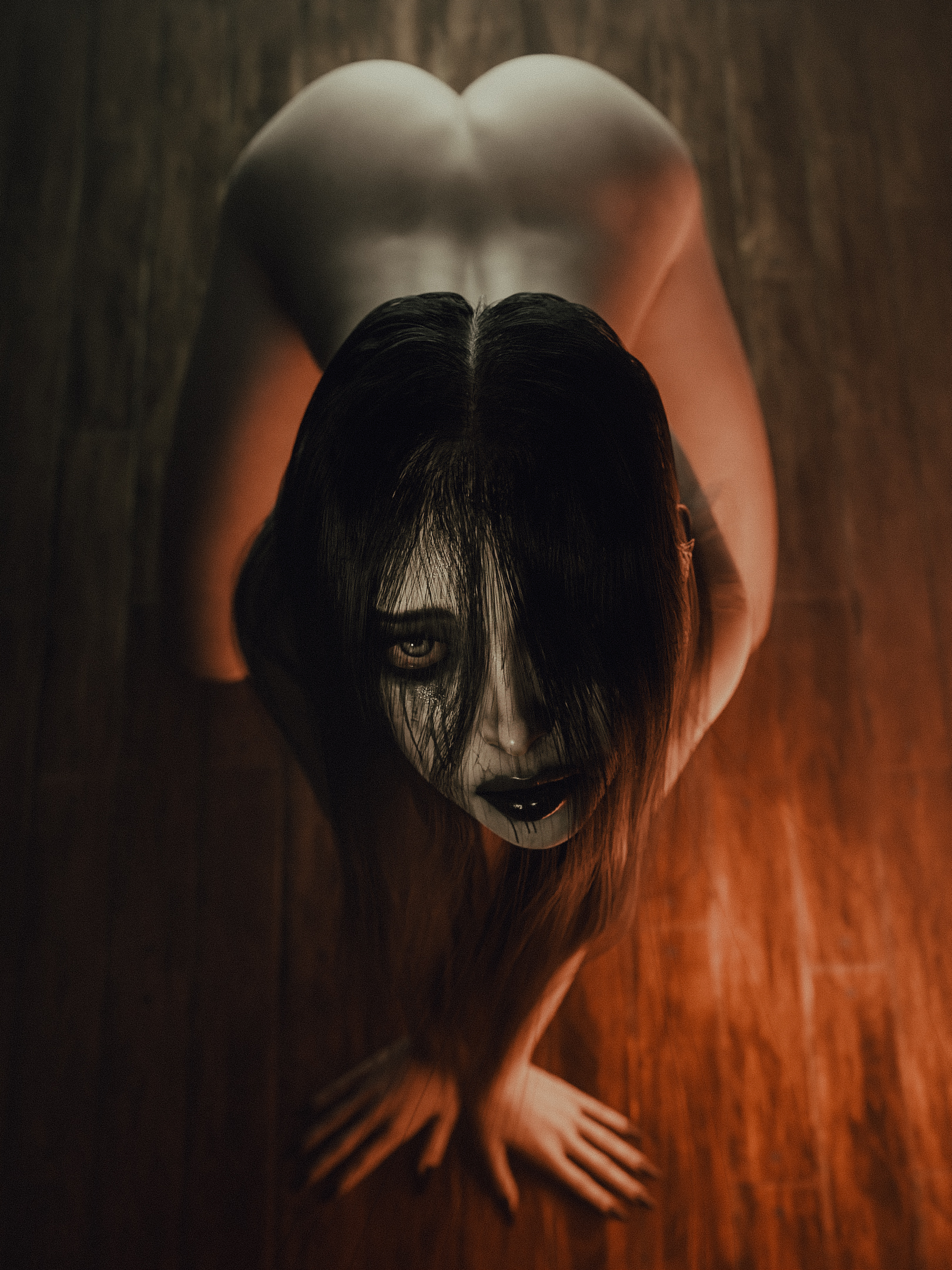 1girls, 3d, all fours, ass, big eyes, black hair, black lipstick, completely nude, ecksoh, eyeshadow, female, female only, ghost, ghost girl, goth, grey eyes, hair over one eye, lipstick, long hair, looking at viewer, looking up, messy hair, nude, pale skin, runny makeup, runny mascara, solo, the ring, white skin, yamamura sadako