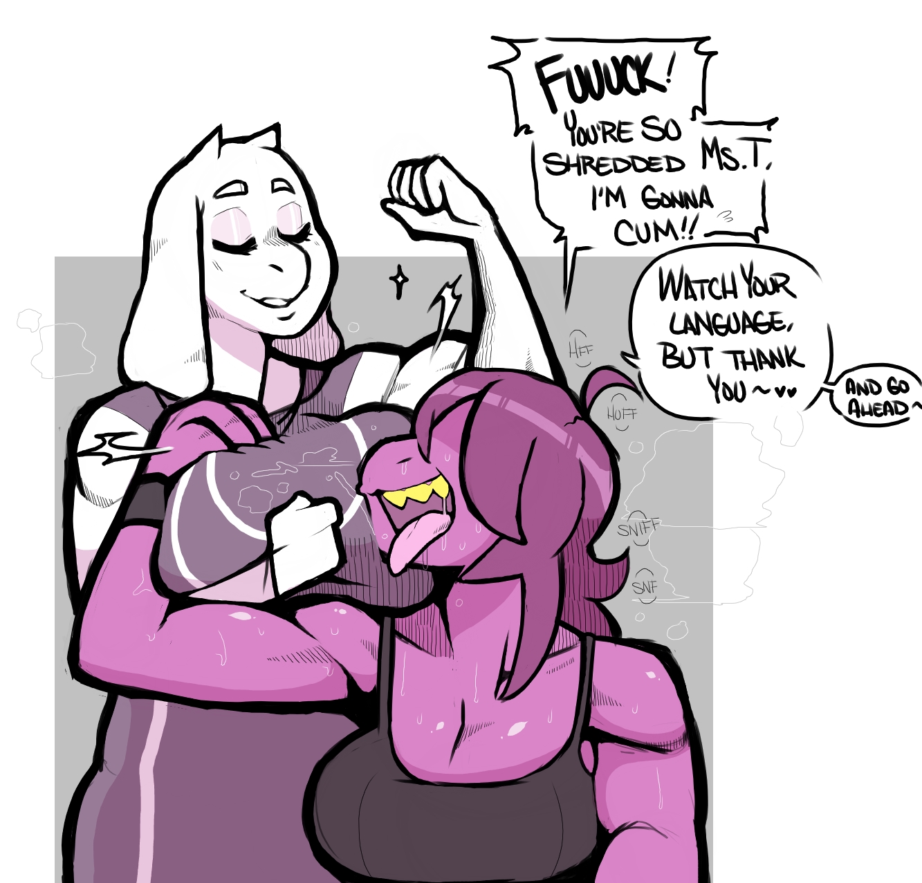 addiction, big breasts, breasts, covered eyes, deltarune, dialogue, english text, female, female focus, female only, female/female, fit, fit female, furry, goat, hair over eyes, hi res, horns, huff, huge breasts, imminent orgasm, mind break, muscles, muscular, muscular female, musk, musk clouds, musk fetish, musky, poweradepriest, scalie, scalie humanoid, sniff, sniffing, speech bubble, squeeze, squeezing breast, squeezing breasts, steam, steaming body, steamy breath, susie (deltarune), sweat, sweatdrop, sweaty, sweaty body, sweaty breasts, tagme, text, tongue, tongue out, toriel, undertale, undertale (series), yuri