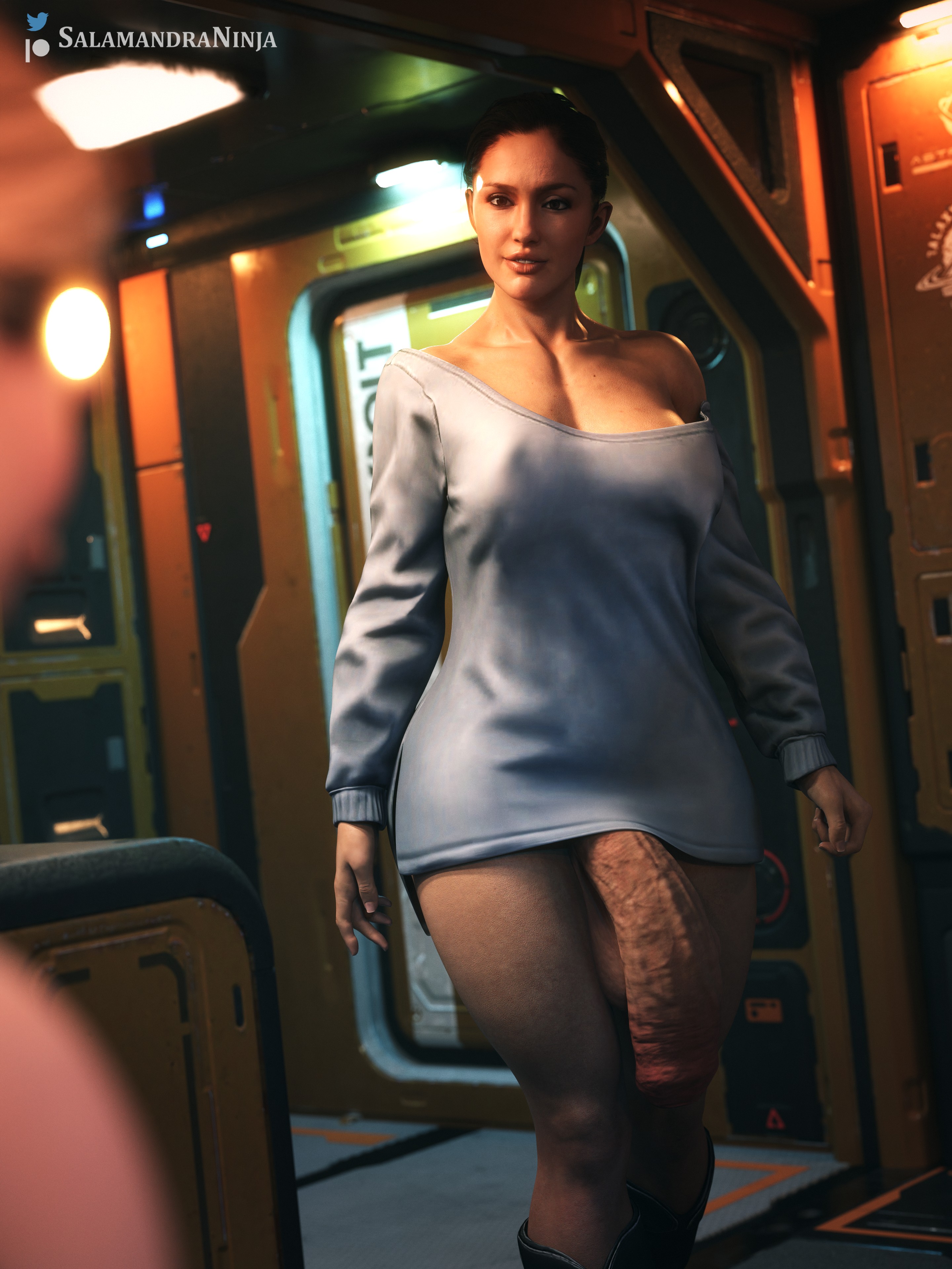 1futa, 1girls, 3d, balls, big balls, big breasts, big penis, bottomless, breasts, brown hair, chloe (detroit: become human), detroit: become human, female, flaccid, futanari, girthy, half-dressed, huge cock, intersex, light skin, light-skinned female, muscular, muscular thighs, nipples visible through clothing, no bra, north (detroit: become human), penis, salamandraninja, thick penis, thick thighs, veiny penis