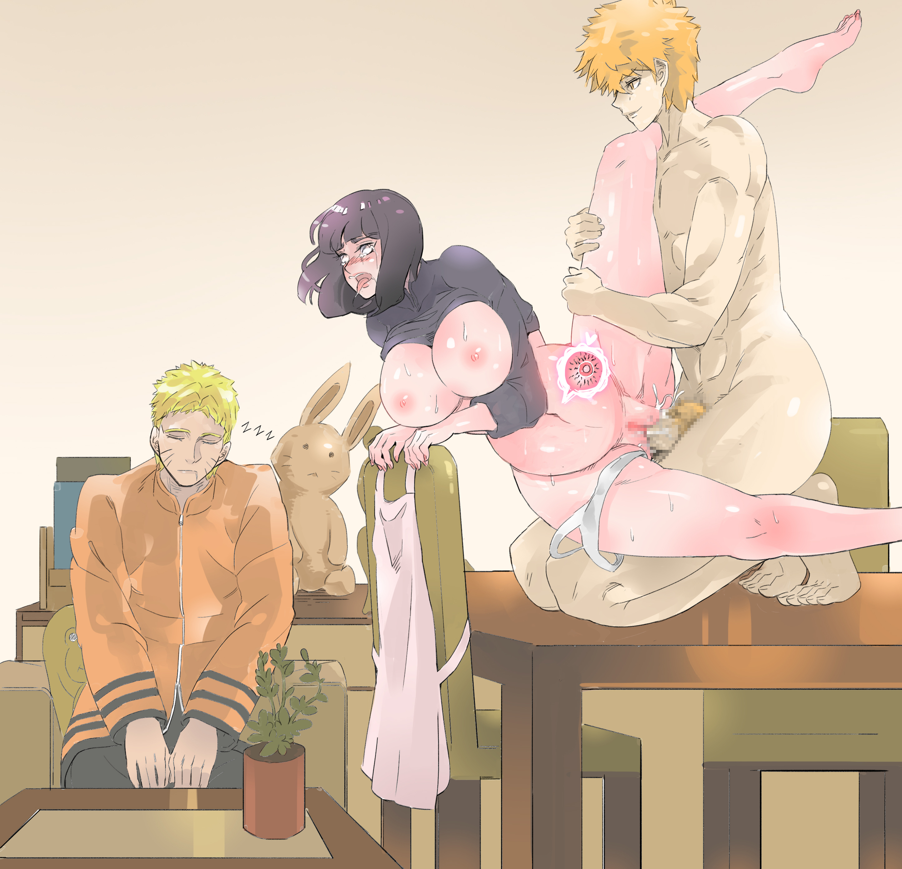 1girls, 2boys, abs, alternate version available, apron, areolae, barefoot, big breasts, big penis, black eyes, blonde hair, blue hair, blush, bob cut, boruto: naruto next generations, breasts, breasts out, breasts outside, busty, cheating, cheating wife, climax, clothed, clothed female nude male, clothing, crying, crying with eyes open, cuckold, cum, cum in pussy, cum inflation, cum inside, cumshot, drooling, ejaculation, erect nipples, facial markings, feet, female, foot fetish, highres, huge cock, husband and wife, hyuuga hinata, impregnation, indoors, jacket, karyoten, kneeling, large breasts, large penis, leg grab, leg lift, leg up, legs apart, legs held open, light skin, light-skinned female, light-skinned male, lips, lipstick, makeup, male, male penetrating, married couple, mature, mature female, medium hair, milf, moan, moaning, muscular, muscular male, nail polish, naruto, naruto (series), naruto shippuden, naughty face, netorare, nipples, no bra, nose blush, ntr, on knees, on table, orange hair, orgasm, orgasm face, original character, ovum, painted nails, pale skin, pale-skinned female, panties, panties down, partially clothed, penetration, penis, pink lips, pink lipstick, pink nail polish, pink nails, pink nipples, plushie, pubes, pubic hair, pussy, saliva, saliva drip, saliva trail, sex, shirt lift, shirt up, short hair, shoulder length hair, shounen jump, sitting, sleeping, sperm cell, stealth sex, straight, sweat, sweatdrop, table, table sex, tears, teddy bear, thick penis, thigh grab, tiptoes, toenail polish, toes, tongue, tongue out, uzumaki hinata, uzumaki naruto, vaginal penetration, vaginal sex, voluptuous, voyeur, voyeurism, whisker markings, whiskers, white panties, x-ray, yellow hair