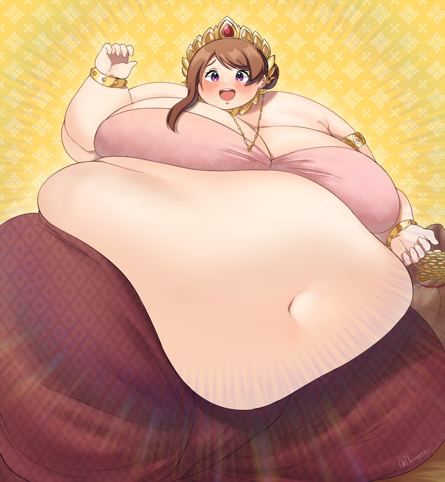 1girls, 2022, absurd res, belly, bracelet, breasts, brown hair, cleavage, dasan24, fat, female, female focus, gigantic belly, hips, huge breasts, hyper, hyper belly, massive belly, mochi-chan (dasan24), navel, necklace, obese, obese female, oc, original character, overweight, overweight female, purple eyes, short hair, solo, solo female, solo focus, ssbbw, wide hips