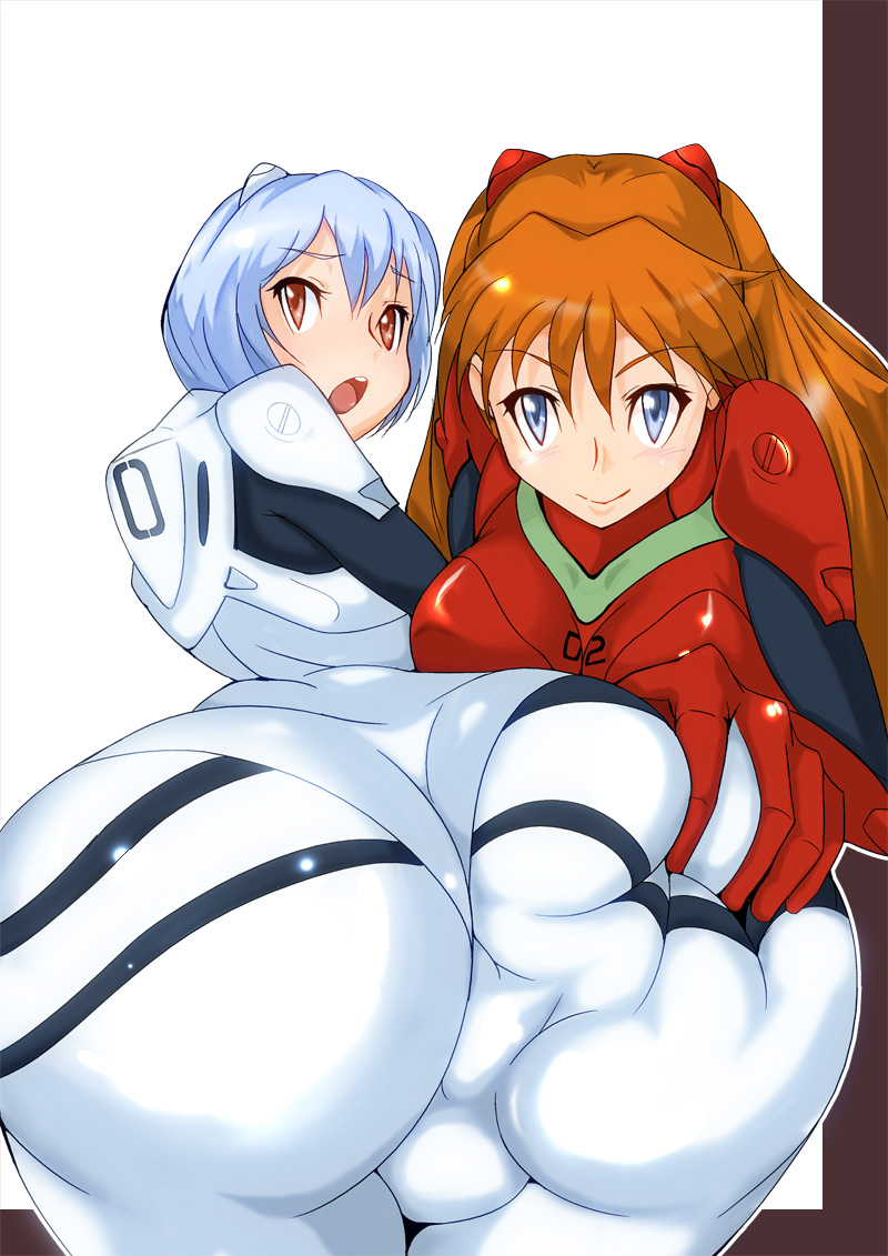 2022 2girls :o absurd_res absurdres ass ass_focus ass_grab asuka_langley_sohryu big_ass blue_eyes blue_hair blush bubble_ass bubble_butt clothing deep_skin female female_only from_behind highres huge_ass large_breasts long_hair multiple_girls neon_genesis_evangelion open_mouth orange_hair pale-skinned_female pale_skin plugsuit red_eyes rei_ayanami shijima short_hair smile white_background yuri