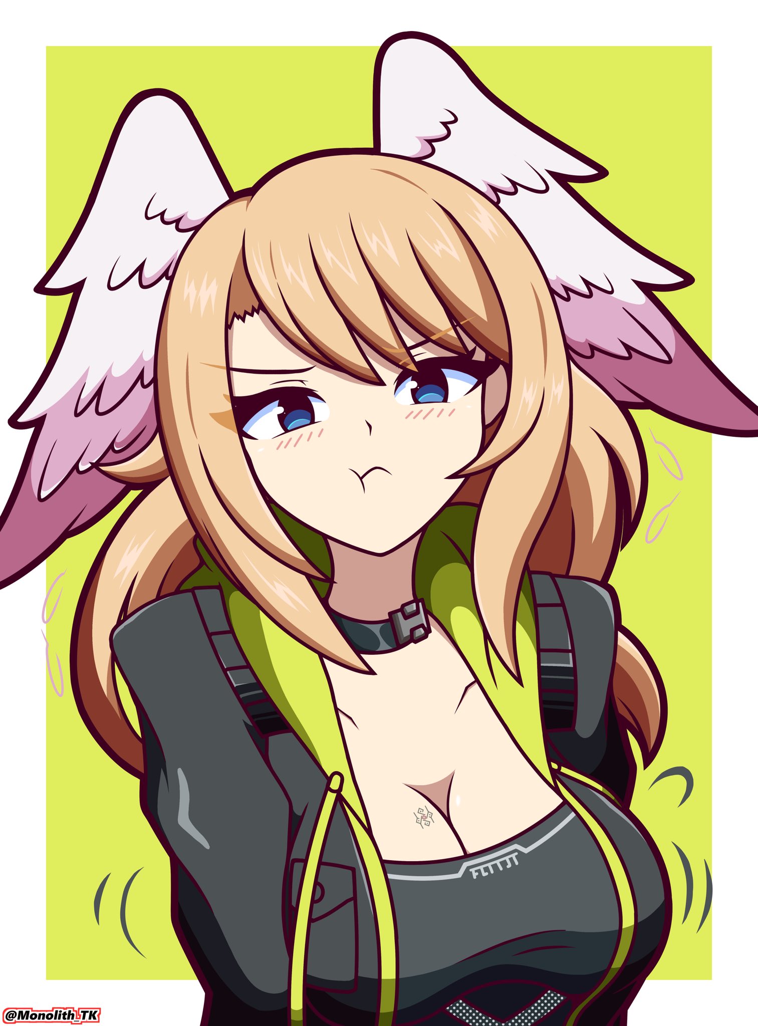 1girls, annoyed, blue eyes, blush, breasts, brown hair, choker, eunie (xenoblade), female, female only, high entia, looking at viewer, monolith tk, xenoblade (series), xenoblade chronicles 3