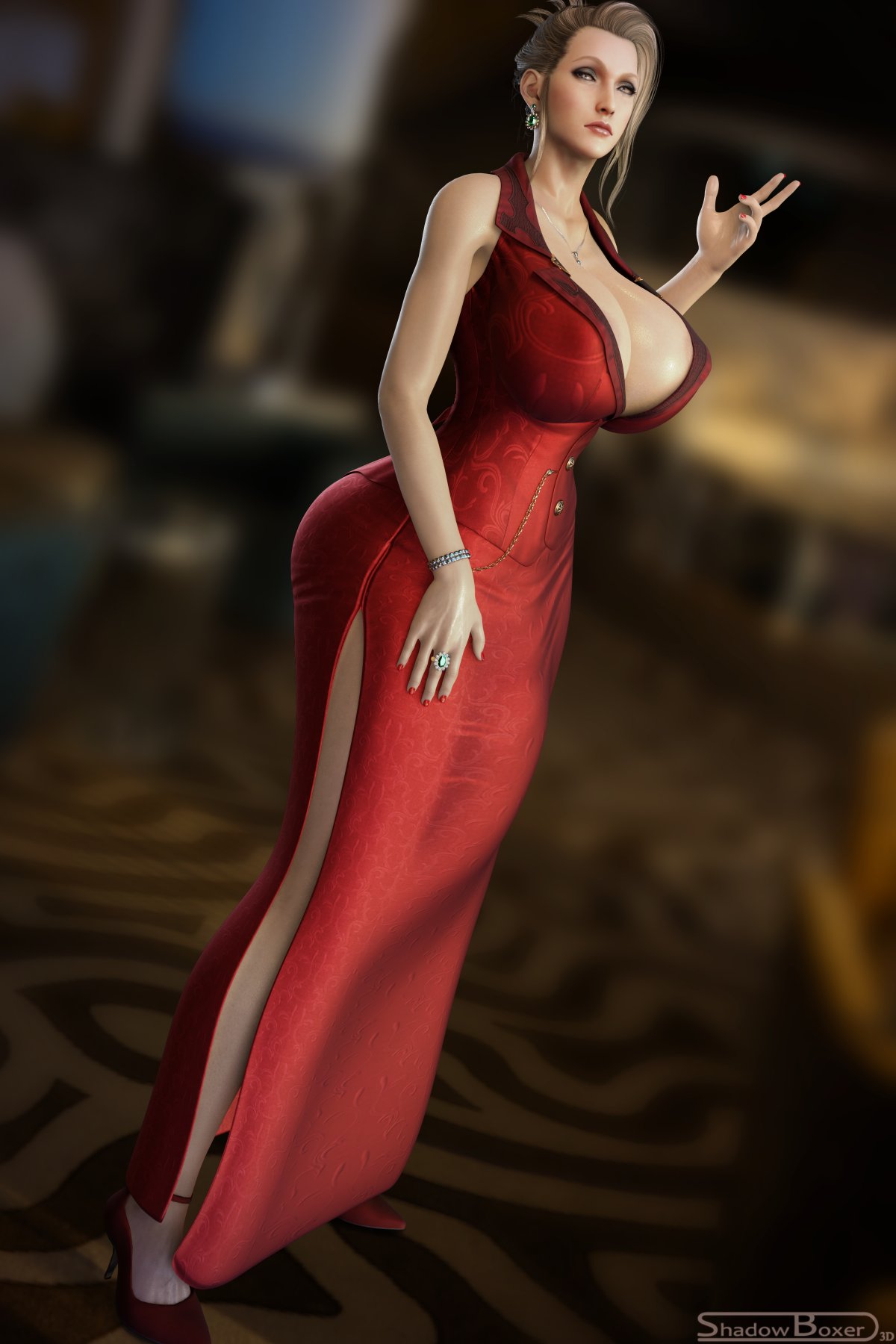 1futa, 3d, blender, breasts, bulge, erection under clothes, final fantasy, final fantasy vii, futa only, futanari, high heels, huge breasts, intersex, penis, penis under clothes, scarlet (ffvii), shadowboxer, solo
