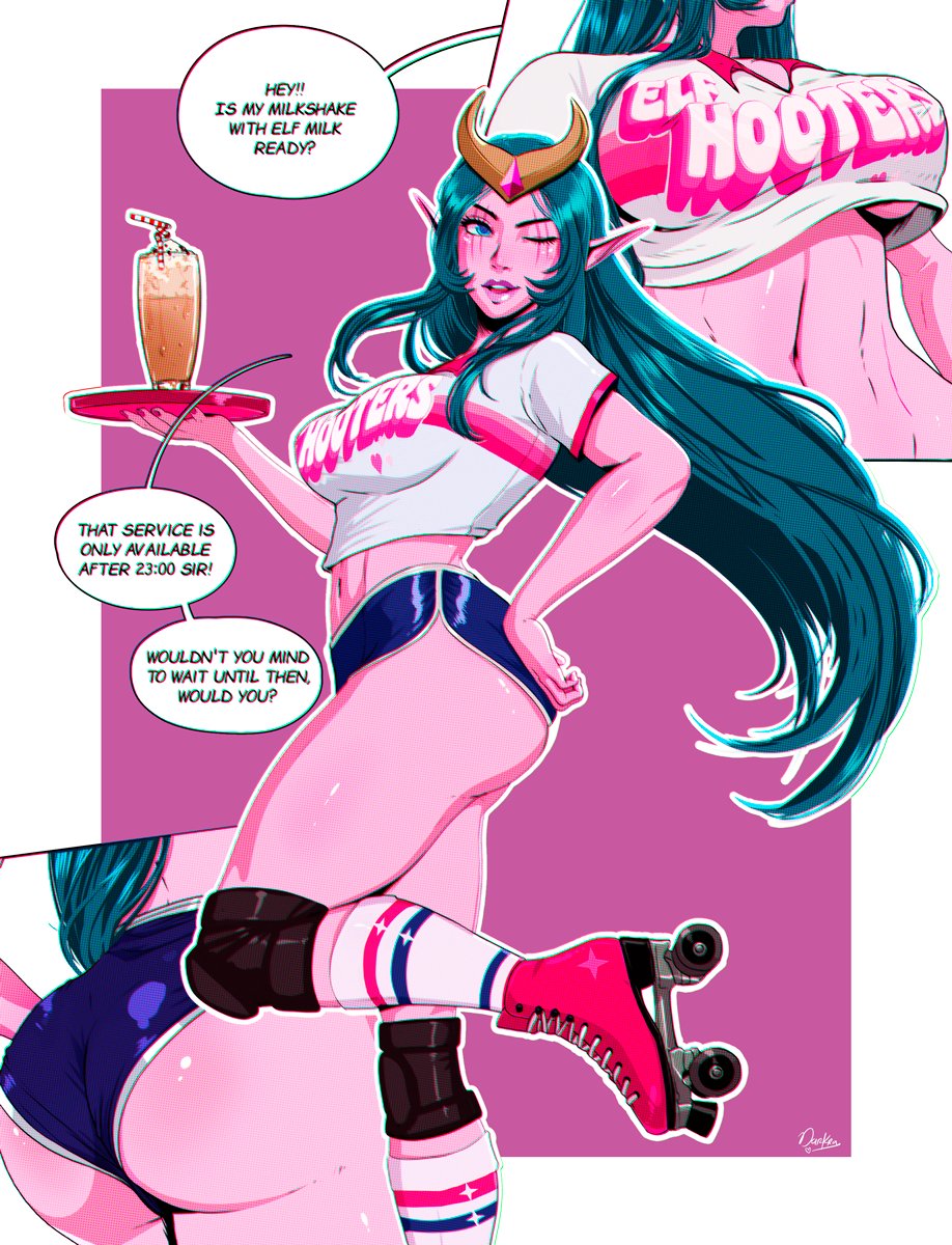 1girls ass bent_leg blizzard_entertainment blue_eyes clothing darkra dialogue druid_(warcraft) elf_ears english_text female female_only green_hair hand_on_hip high_socks knee_pads long_hair looking_at_viewer lulusa_wildmist milkshake night_elf pink_skin pointy_ears rollerblades shorts side_view solo solo_female speech_bubble standing_on_one_leg t-shirt thick_thighs tray waitress warcraft world_of_warcraft