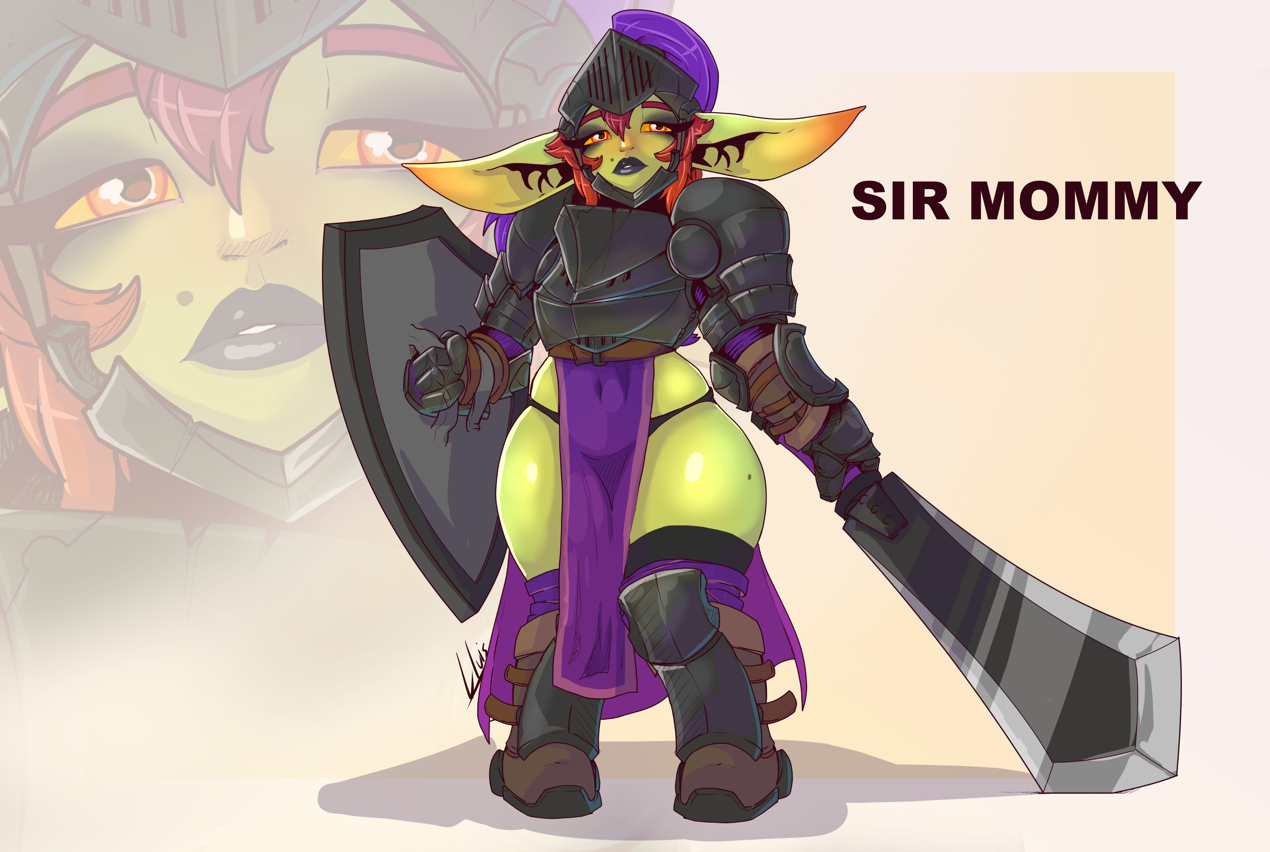 1girls, absurd res, armor, black lipstick, dungeons and dragons, female, female only, full body, goblin, goblin female, green skin, green-skinned female, lluisabadias, long ears, looking at viewer, mole, mole above mouth, narrowed eyes, original, pointy ears, red eyes, red hair, shield, shortstack, solo, sword, thick thighs, yellow sclera