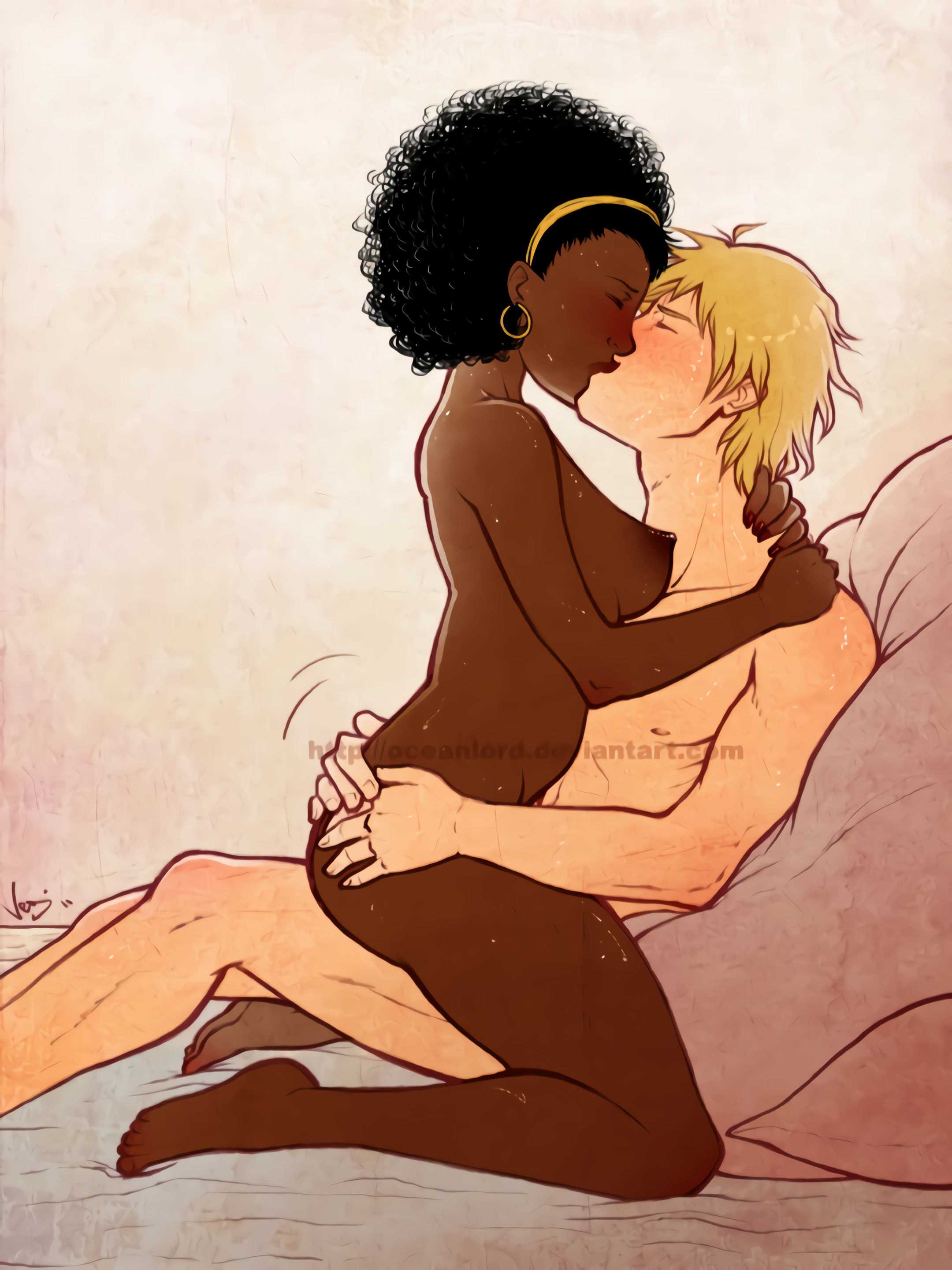 1boy, 1girls, afro, artist request, bed, blonde hair, blush, breasts, dark nipples, dark skin, dark-skinned female, female, female on top, headband, interracial, kissing, light skin, light-skinned male, male, naked, nude, pillow, sex, short hair, straight
