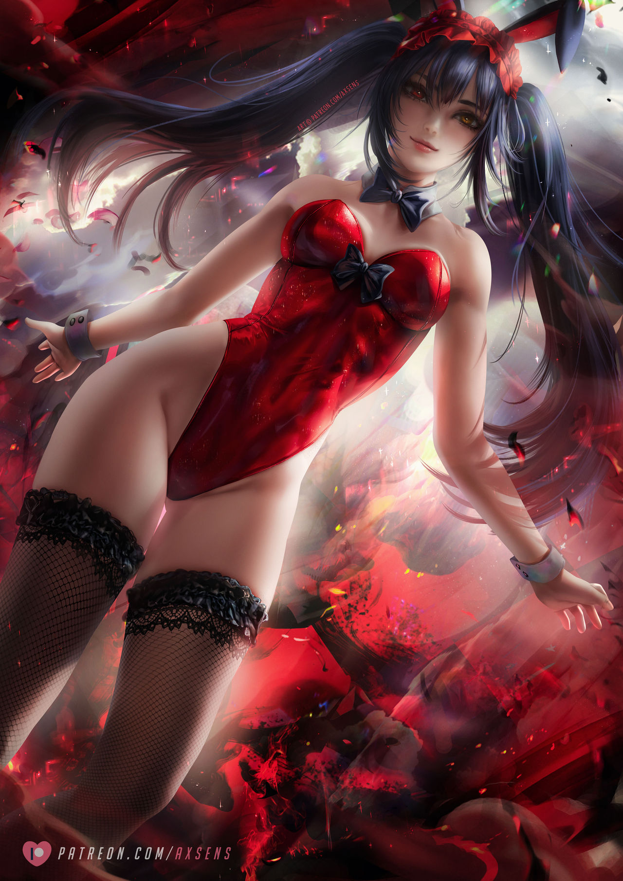 1girls, alternate version available, axsens, big breasts, black hair, bowtie, breasts, bunny ears, bunny girl, bunnysuit, cuffs, date a live, female, female only, fishnet legwear, fishnet thighhighs, heterochromia, long hair, smile, solo, thighhighs, tokisaki kurumi, twintails