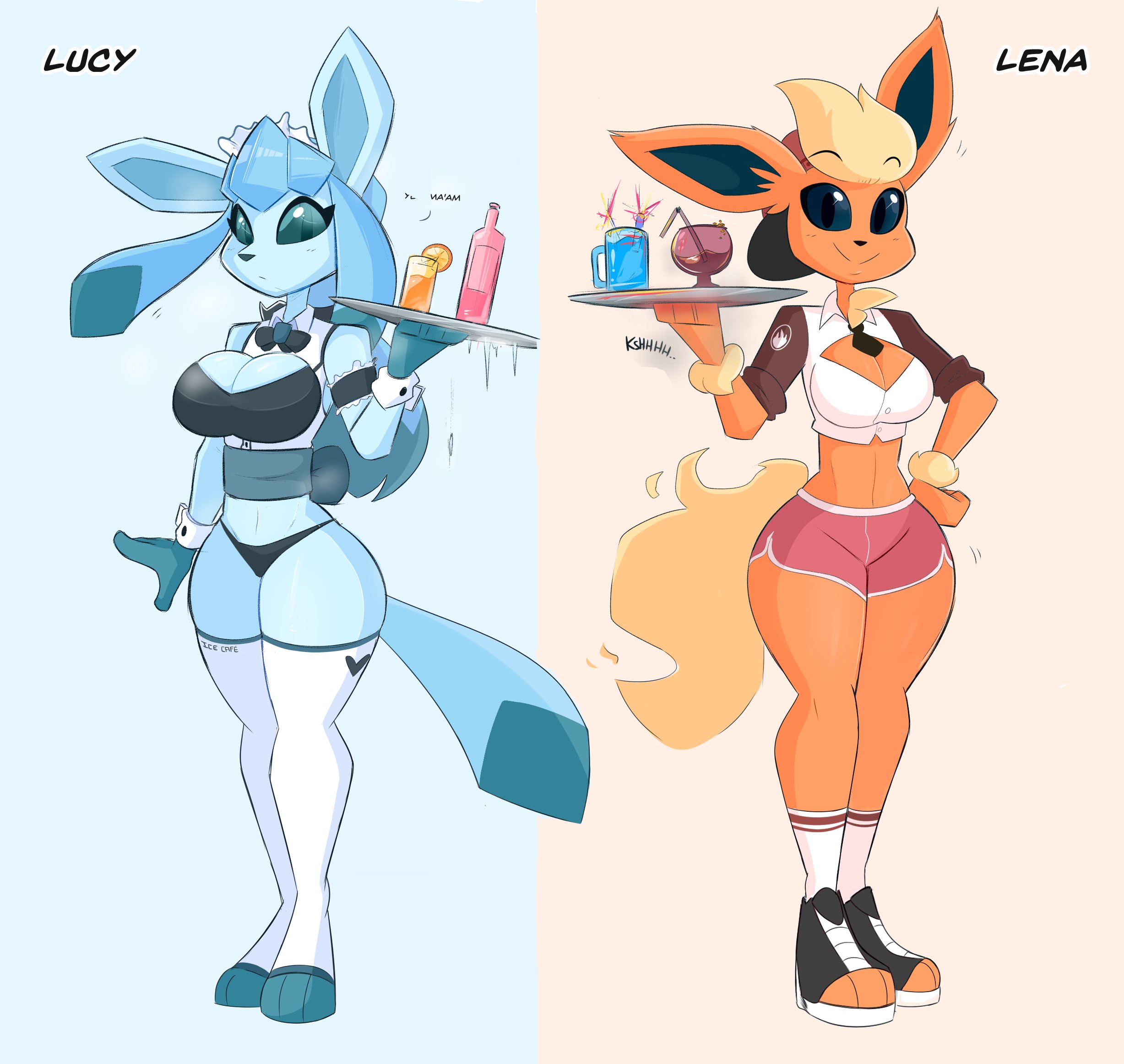 2girls, anthro, anthrofied, big breasts, breasts, cleavage, clothed, clothing, duo, eeveelution, female, flareon, fur, furry, furry only, glaceon, kilinah, lena (kilinah), lucy (kilinah), nintendo, pokémon (species), pokemon, pokemon (species), standing, tagme, tail