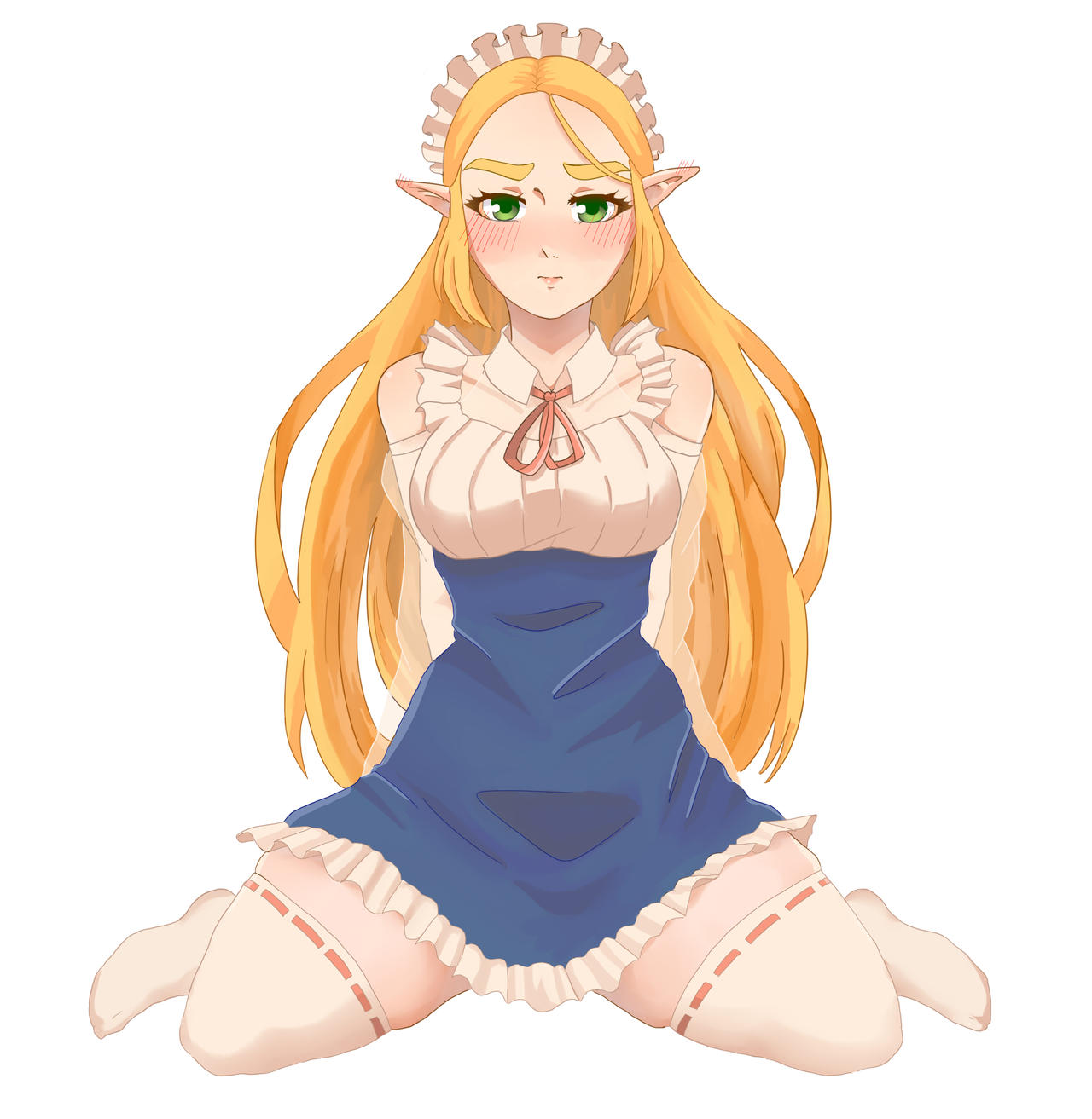 arms behind back, blonde hair, blush, bondage, breasts, breath of the wild, dannukha, detached collar, female, gloves, green eyes, kneeling, long hair, looking at viewer, maid, maid headdress, maid uniform, medium breasts, nintendo, princess zelda, the legend of zelda, thighhighs, zelda (breath of the wild)