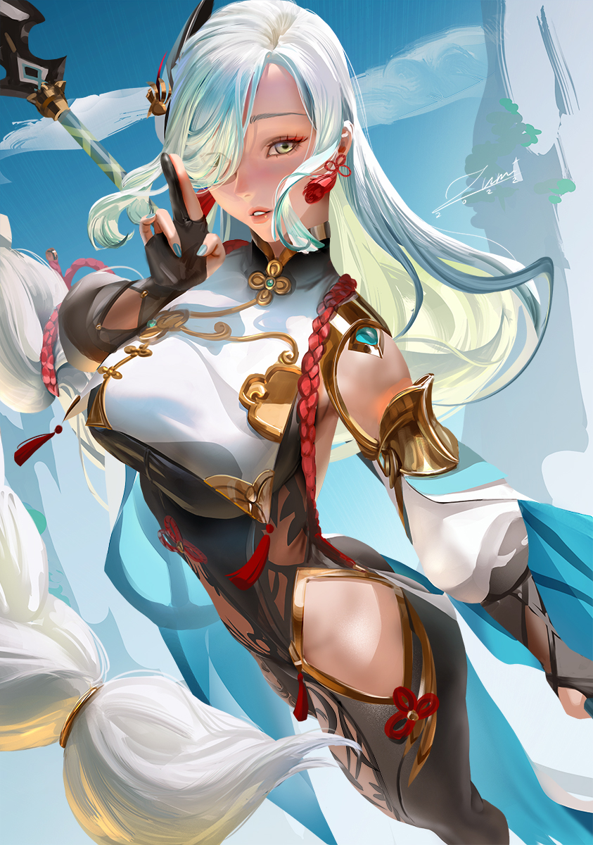 1girls, 2022, blue eyes, bodystocking, braided hair, breasts, clothed, clothed female, female, female only, genshin impact, hair over one eye, hips, large breasts, long hair, outdoors, shenhe (genshin impact), slim waist, thick thighs, thighs, white hair, wide hips, zumi