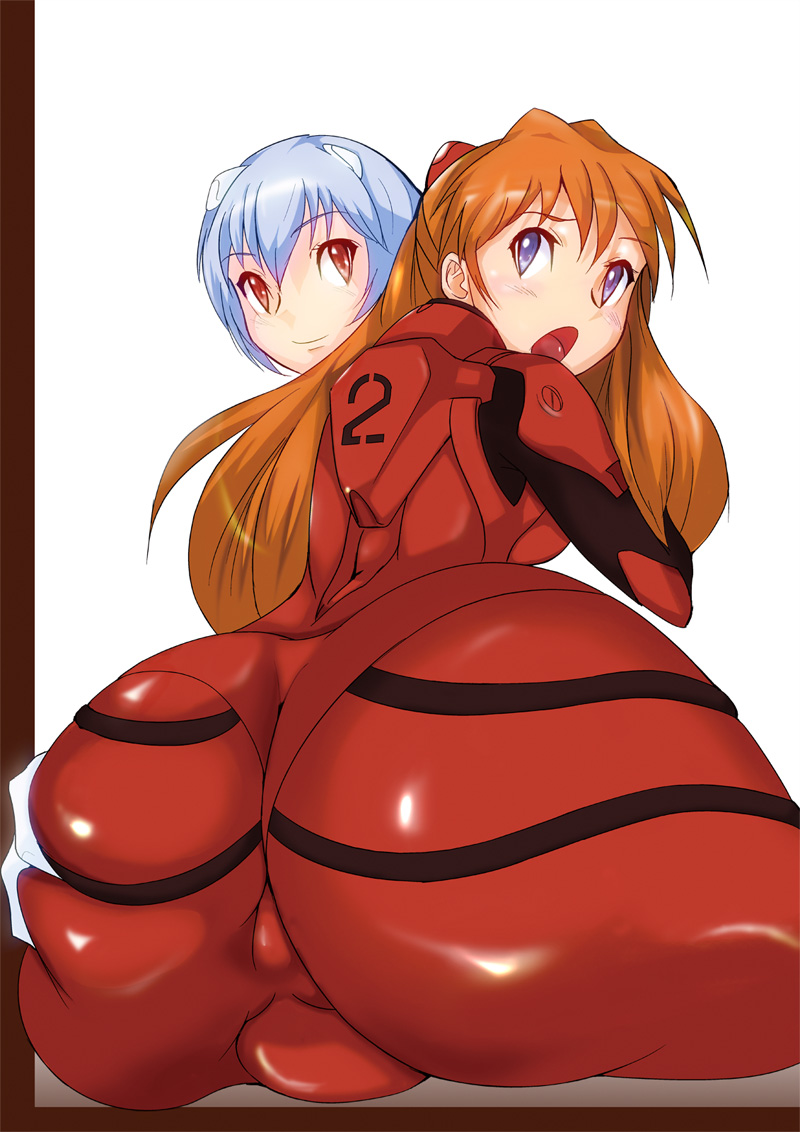 2022 2girls :o absurd_res absurdres ass ass_focus ass_grab asuka_langley_sohryu big_ass blue_eyes blue_hair blush bubble_ass bubble_butt clothing deep_skin female female_only highres huge_ass long_hair multiple_girls neon_genesis_evangelion open_mouth orange_hair pale-skinned_female pale_skin plugsuit red_eyes rei_ayanami shijima short_hair smile white_background yuri