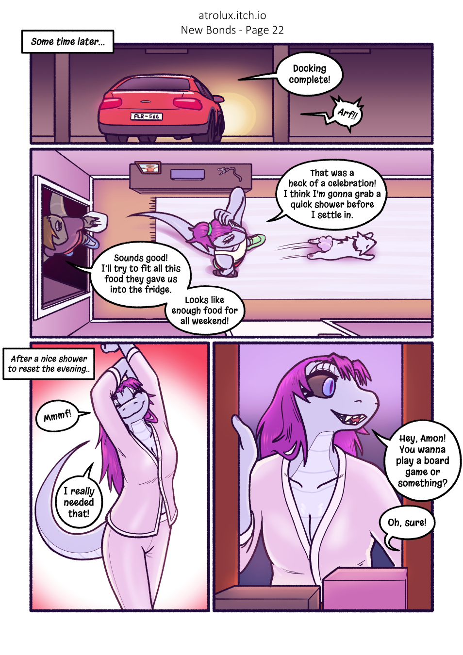 amon_(atrolux) anthro atrolux comic english_text female hair_down hi_res male monique_(atrolux) page_22 pajamas reptile scalie snake speech_bubble text