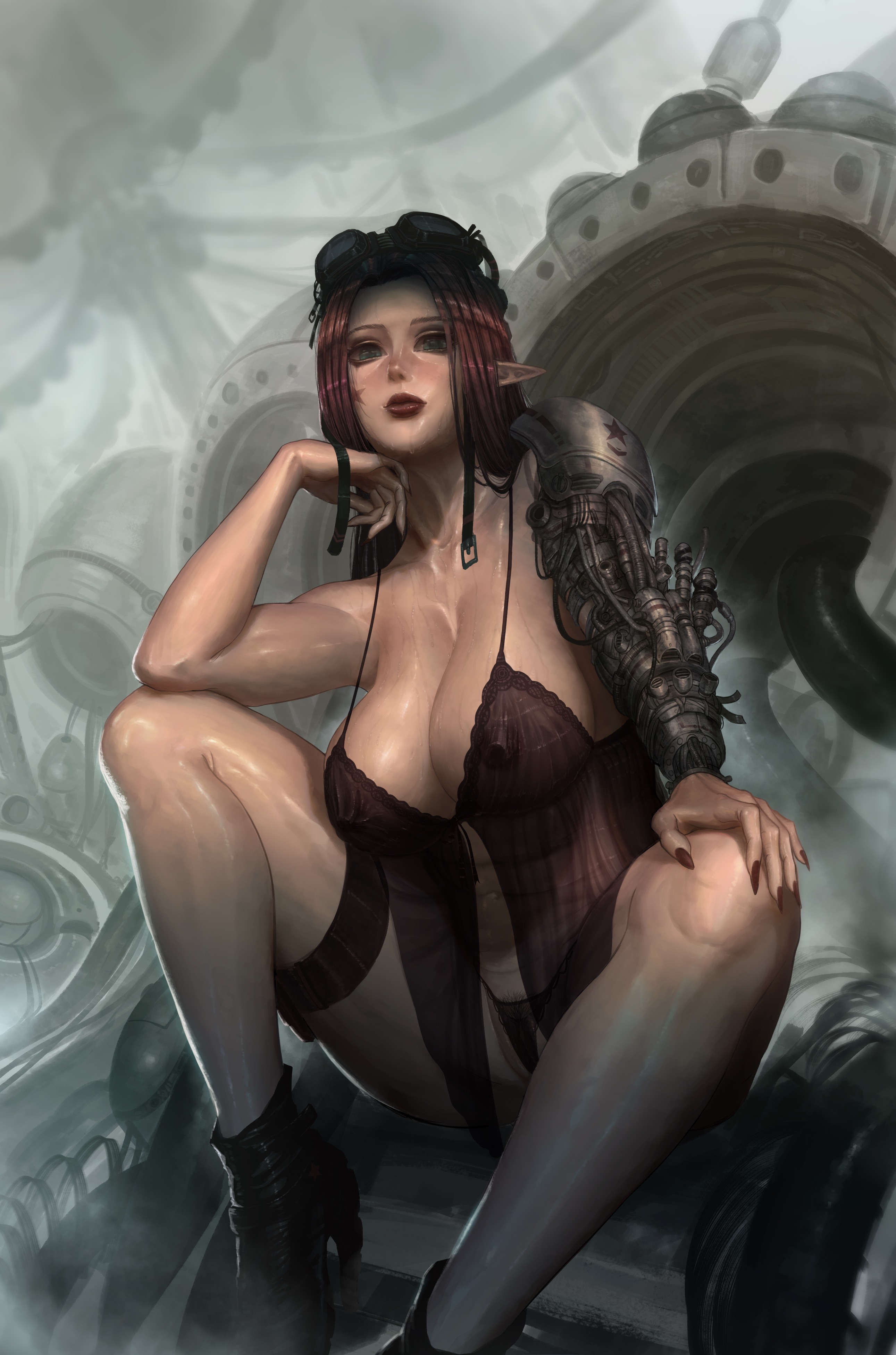 big breasts, breasts, cleavage, cyborg, female, female only, high heels, lingerie, nipples visible through clothing, proado, pussy, robot arm, thick thighs, thighhighs