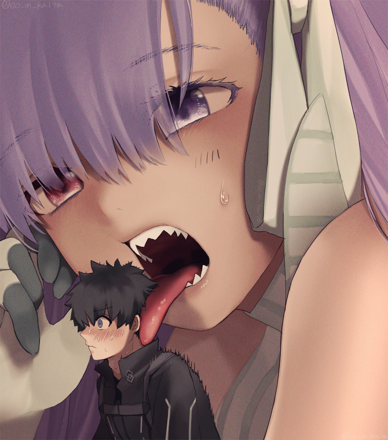 anime_style blush copyright_request drawing fate/grand_order giantess kaita_(mokamilkcup) kingprotea licking macrophilia open_mouth pixiv purple_eyes purple_hair sharp_teeth teeth tongue_out white_uniform