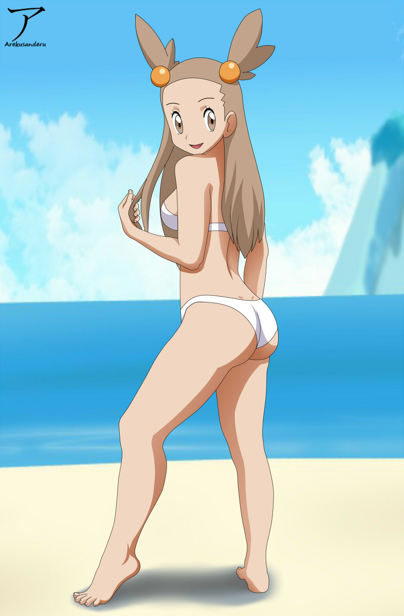 alluring, arekusanderu, beach, bikini, brown hair, female, gym leader, jasmine (pokemon), looking at viewer, nintendo, ocean, pokemon, pokemon gsc