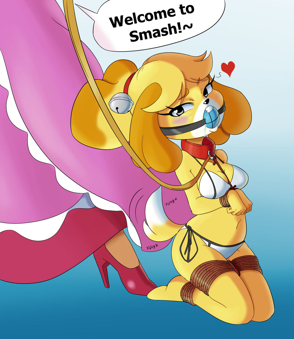 animal crossing, anthro, ball gag, black eyes, bondage, boundlightning, bra, breasts, collar, dog girl, female, gag, gagged, high heels, isabelle (animal crossing), kneeling, leash, mario (series), navel, nintendo, panties, pink dress, princess peach, rope, rope bondage, shih tzu, side-tie panties, small breasts, super smash bros., white bra, white panties