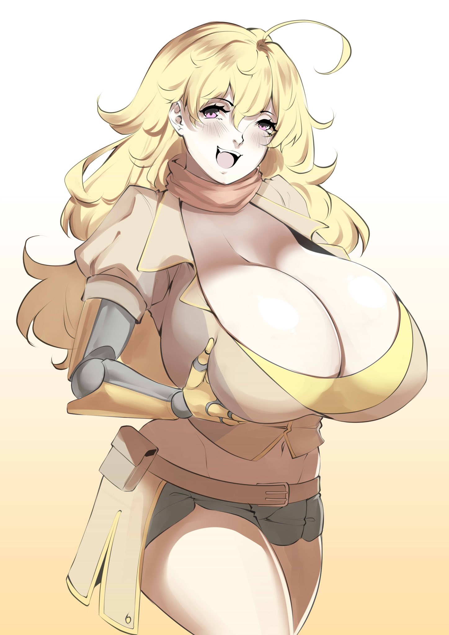 1girls, abdomen, ahoge, bike shorts, blonde female, blonde hair, breasts, female, female focus, female only, grabbing own breast, huge breasts, lavender eyes, lulu-chan92, open mouth, prosthetic, prosthetic arm, prosthetic limb, rwby, solo, solo female, squeezing own breasts, thick thighs, wide hips, yang xiao long