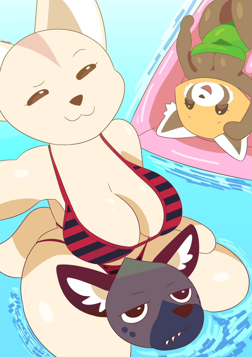 :3 aggressive_retsuko aggretsuko anthro big_breasts breasts cleavage clothed clothing female fenneko fur furry haida haida_(aggretsuko) male partially_submerged retsuko sanrio smooth_fur tagme tail thick_thighs toonarscontent trio