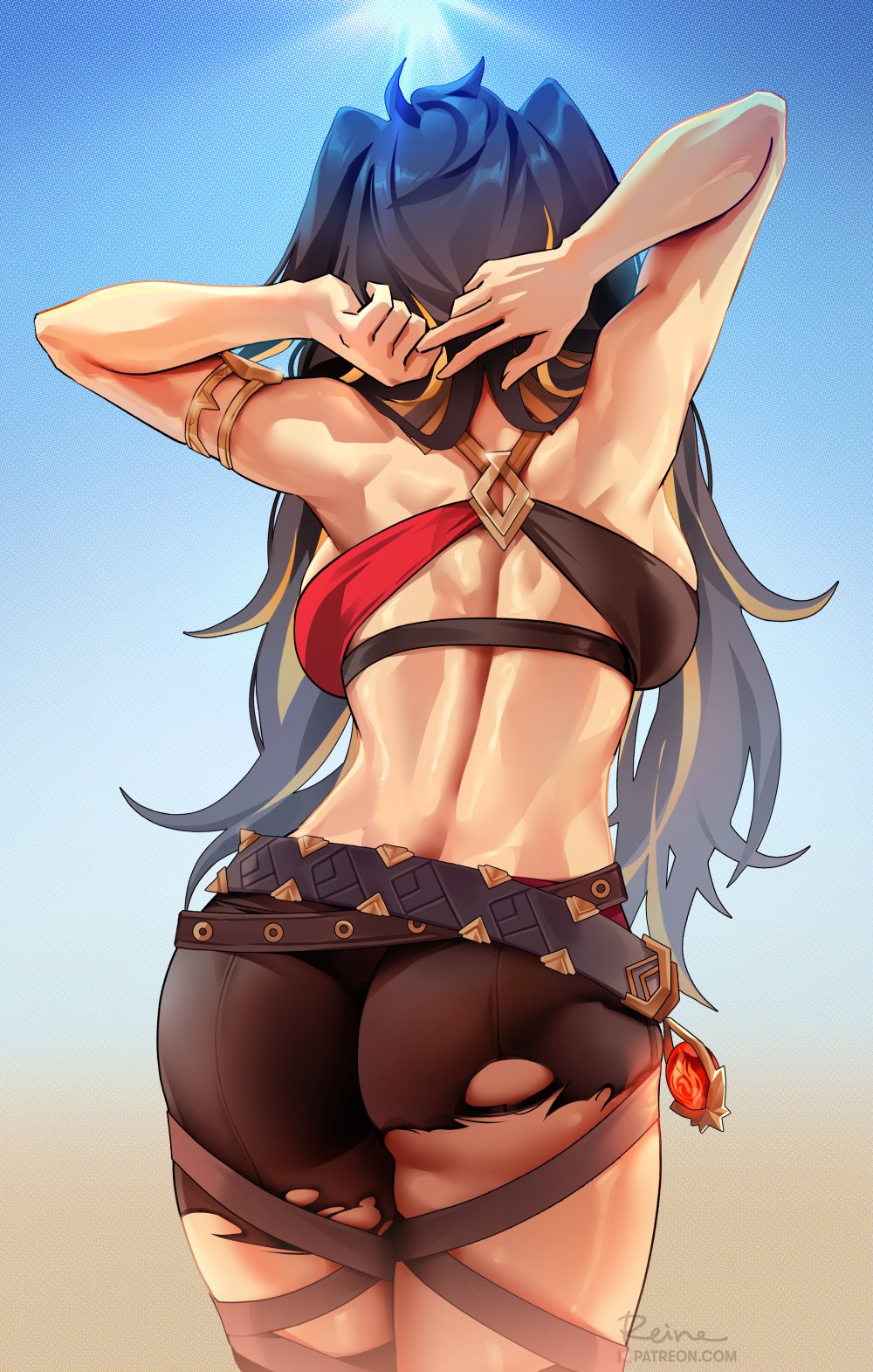 1girls 2022 arms_up ass back back_view backboob black_hair breasts clothed clothed_female dehya_(genshin_impact) female female_only foxy_rain_(foxyreine) foxyrain_(foxyreine) foxyreine genshin_impact hips large_ass large_breasts long_hair slim_waist thick_thighs thighs toned twintails wide_hips