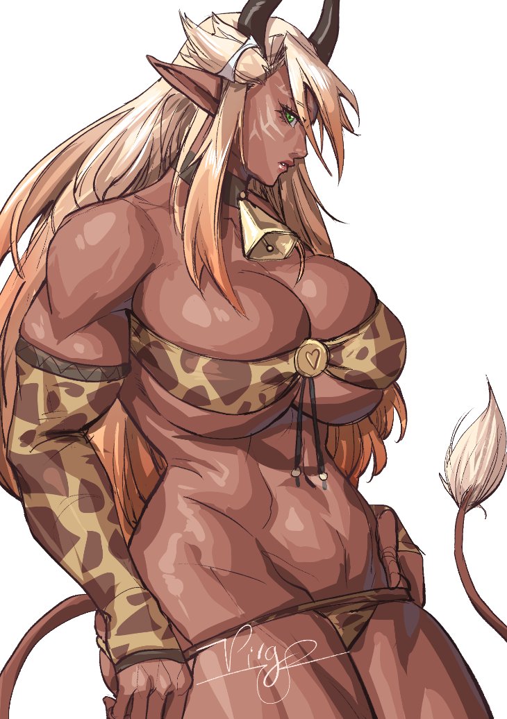 1girls big_breasts blonde_hair cheetah_print commission cow_girl cowbell dark-skinned_female female_only green_eyes horns huge_breasts long_hair looking_at_viewer muscular_female original pointy_ears pulling_down_panties tail thick_thighs virgoart1509