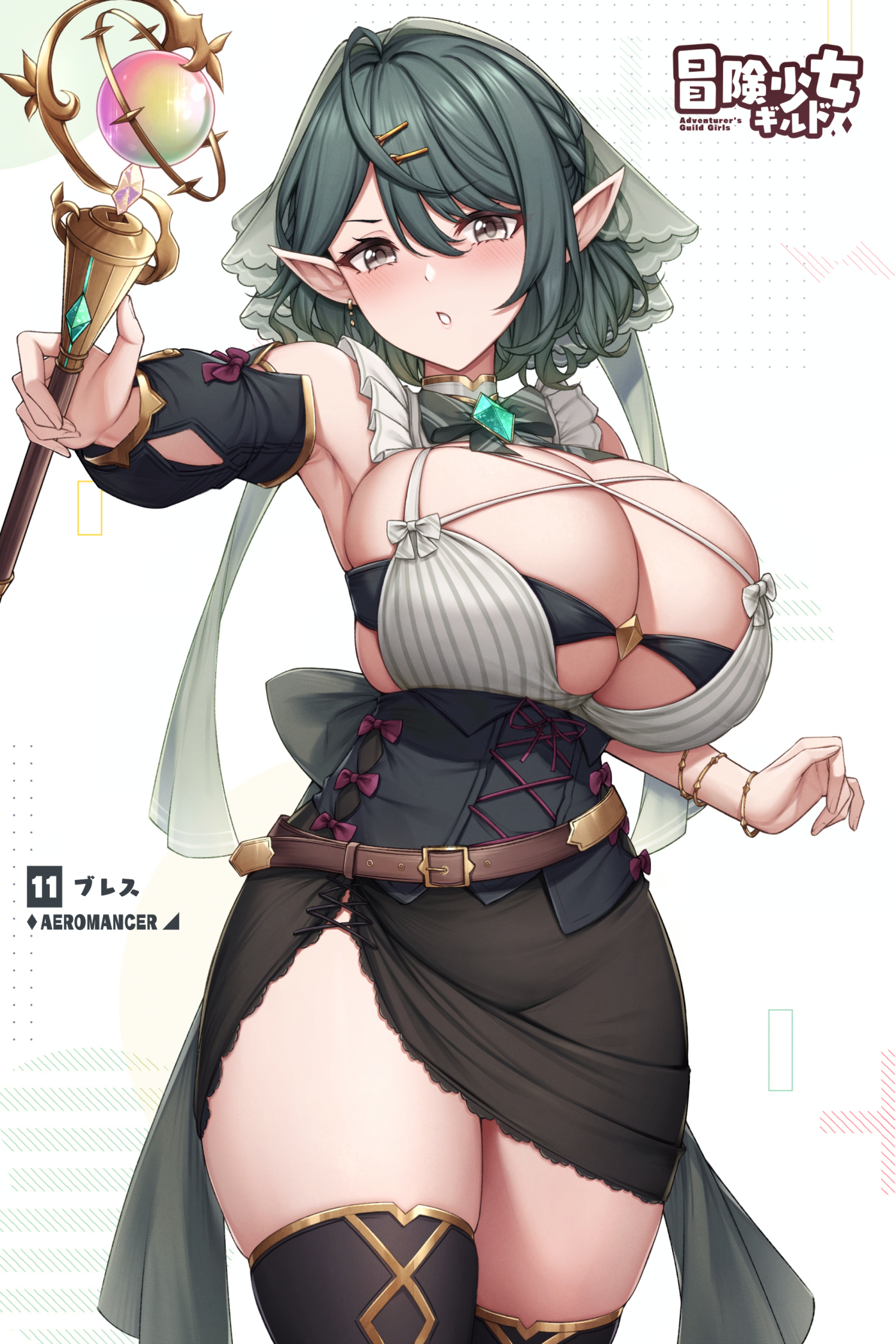 breasts, bursting breasts, female, green hair, huge breasts, kannko bokujou, paintcan, skirt, staff, tagme, thighhighs