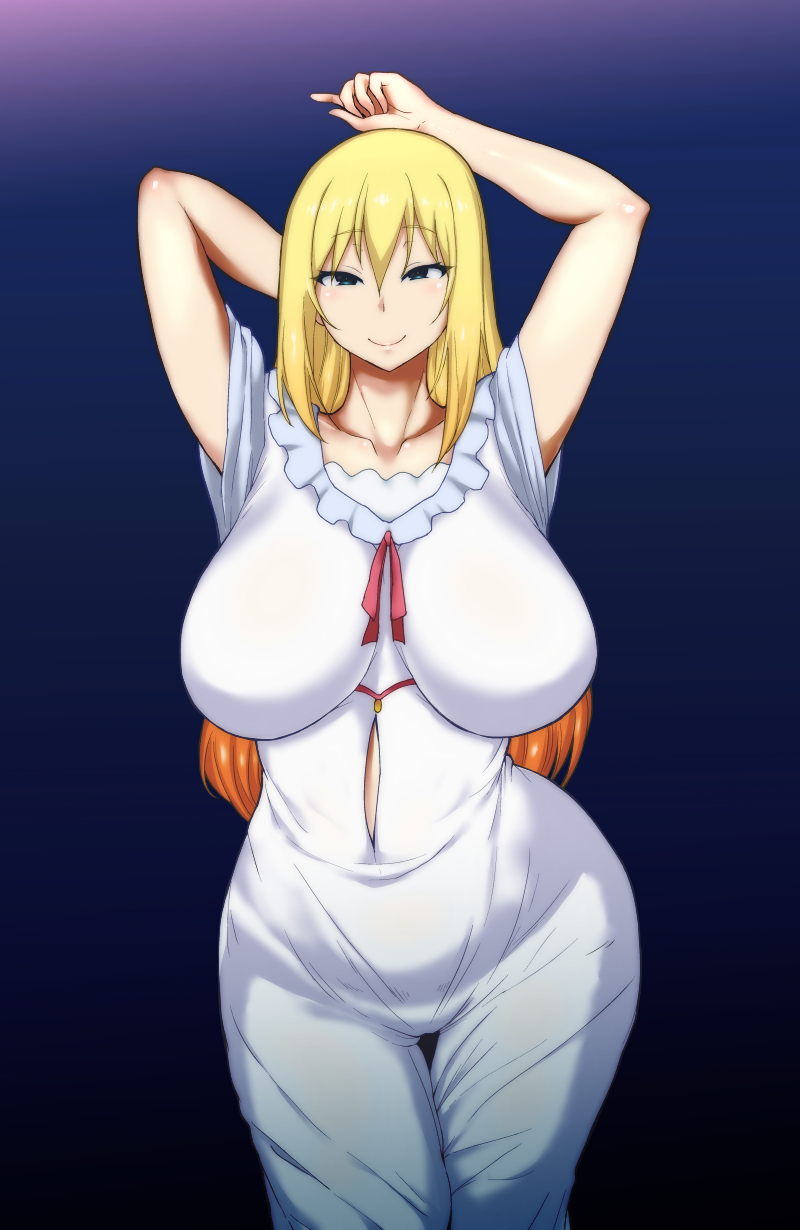 1girls, big breasts, blonde hair, blue eyes, bottomwear, breasts, clothing, darkness (konosuba), female, female only, hair, hands behind head, hips, huge breasts, kono subarashii sekai ni shukufuku wo!, long hair, looking at viewer, nightgown, pants, parumezan, seductive, seductive look, seductive smile, shirt, smile, solo, solo female, topwear, white pants, white shirt