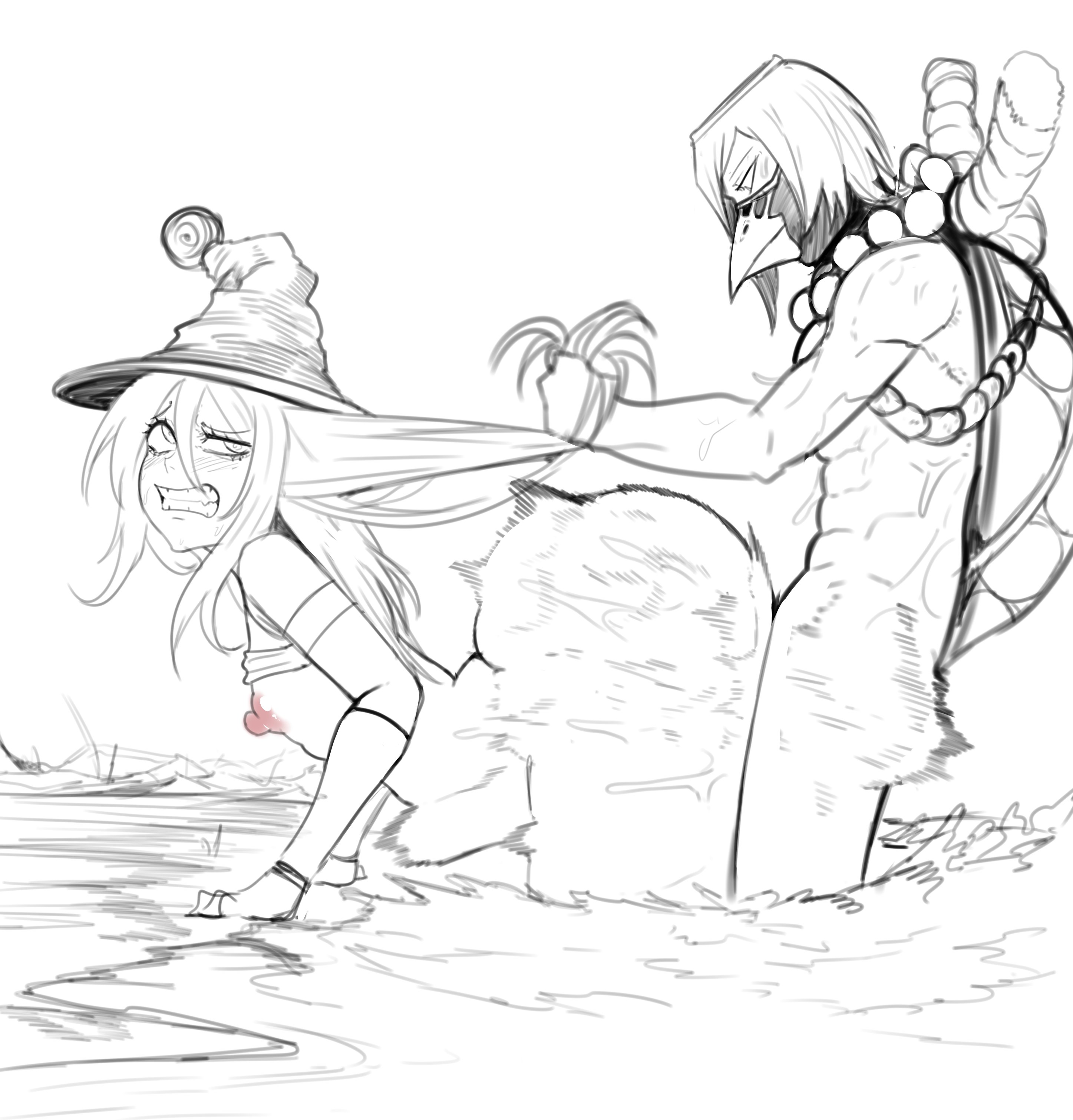2boys, ass, doggy style, femboy, gay, gay domination, green (artist), green (original), gritted teeth, hat, huge ass, japanese mythology, kappa, lake, male, nipples, nude, oc, original, original character, pulling hair, shell, shirt lift, stomach bulge