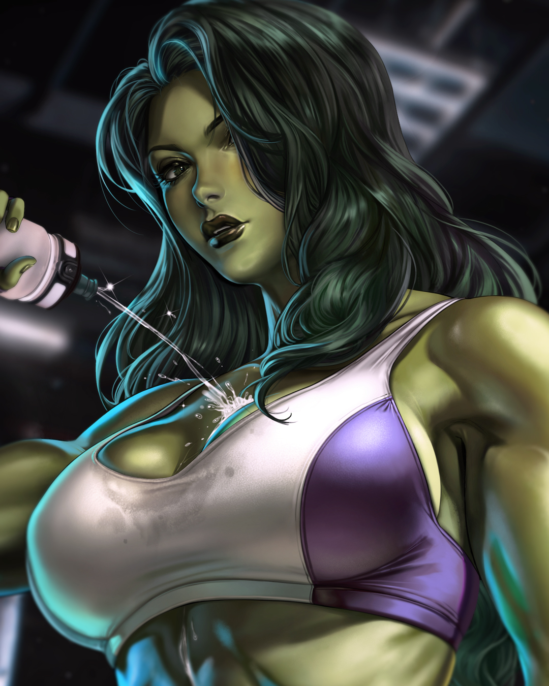 1girls, artist name, big breasts, breasts, close-up, clothed, dandon fuga, female, female only, fingerless gloves, fit, fit female, gloves, green body, green eyes, green hair, green skin, gym, hulk (series), long hair, looking at viewer, marvel, marvel comics, muscular, muscular female, pouring on breasts, pouring on self, pouring onto self, she-hulk, solo, solo female, sports bra, taller female, thick thighs, thighs, upper body focus, water, water bottle, wet, workout clothes