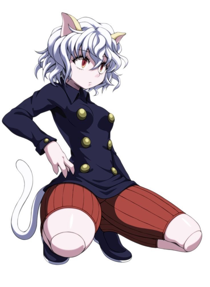 1girls, animal ears, artist request, breasts, cat ears, cat eyes, cat girl, cat paws, cat tail, chimera ant, female, female only, humanoid, hunter x hunter, light skin, light-skinned female, neferpitou, nekomimi, on model, pale skin, pale-skinned female, red eyes, short hair, shounen jump, simple background, solo, tail, thighs, villainess, white background, white hair