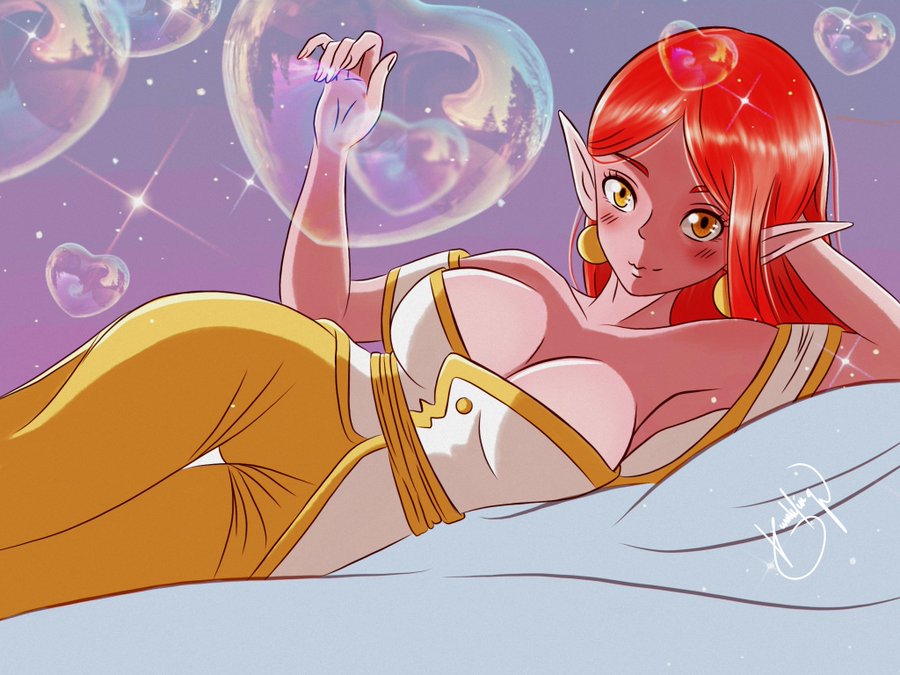 big_breasts big_hips blush chronoa cleavage clothed dragon_ball dragon_ball_heroes dragon_ball_super long_hair on_bed pink_hair pink_skin pointy_ears posing potara_earrings super_dragon_ball_heroes supreme_kai supreme_kai_of_time time_power_unleashed_form_(dragon_ball) yellow_eyes