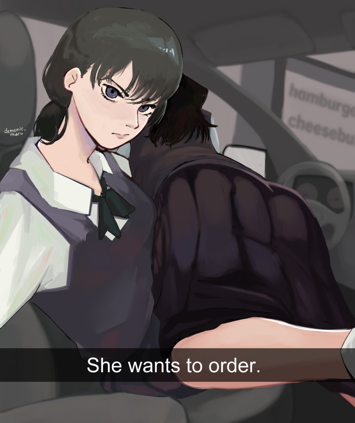 2girls, ass, ass focus, ass up, big ass, big butt, black hair, blue eyes, bubble ass, bubble butt, car, chainsaw man, clothing, demonic, female, fourth east high school uniform, he wants to order, long hair, looking at viewer, meme, mitaka asa, ponytail, selfie, skirt, snapchat, starry maru, yoru (chainsaw man), yuri