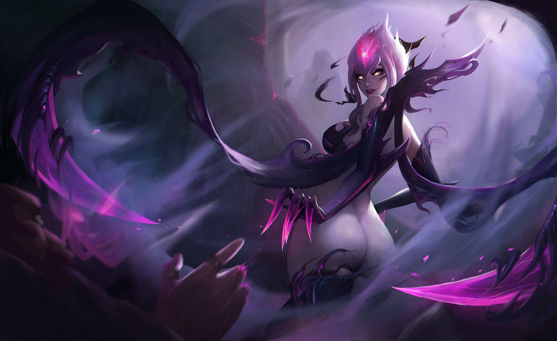 1girls, 2019, ass, big ass, big butt, breasts, claws, curvy, demon, demon girl, detailed background, evelynn, female, female focus, hi res, highres, league of legends, looking down, qifeng lin, realistic, riot games, smirking, succubus, voluptuous, yellow eyes