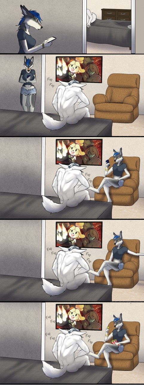 animal_crossing anthro aveline_(morbidsin) bedroom bottomwear canid canine canis chair clothing comic desperation domestic_dog doom doom_(series) doom_slayer dorian_valentine dresser duo fapping female food furniture german_shepherd herding_dog hi_res hotpants hunched_over husky hybrid id_software impotent isabelle_(animal_crossing) male male/female mammal masturbation mattress morbidsin nintendo nordic_sled_dog nude pastoral_dog popcorn recliner shorts spitz stroking_penis v_neck_shirt video_games voyeur wolfdog