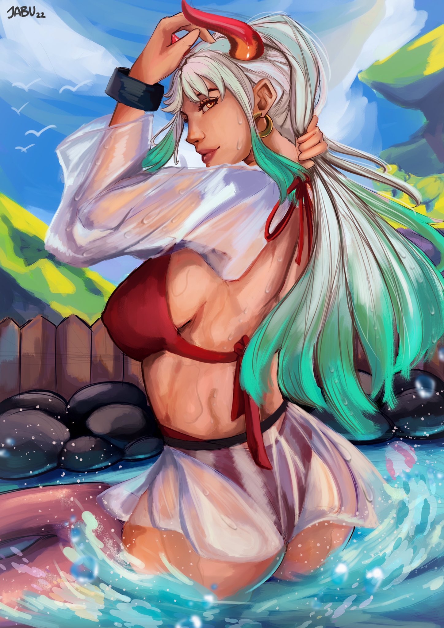 1girls, artist name, artist signature, ass, big ass, big breasts, big butt, bikini, bikini bottom, bikini top, blue hair, boobs and butt pose, breasts, brown eyes, busty, clothed, clothing, curvy, demon, detailed background, ear piercing, earring, earrings, fat ass, female, female focus, female only, gradient hair, hi res, highres, hoop earrings, horned humanoid, horns, humanoid, justjabu, large ass, large breasts, light skin, light-skinned female, long hair, multicolored hair, one piece, oni, oni horns, onsen, orange eyes, revealing clothes, sideboob, simple background, solo, solo female, solo focus, thick ass, two-tone hair, voluptuous, wading, water, white hair, white-haired female, wide hips, yamato (one piece)