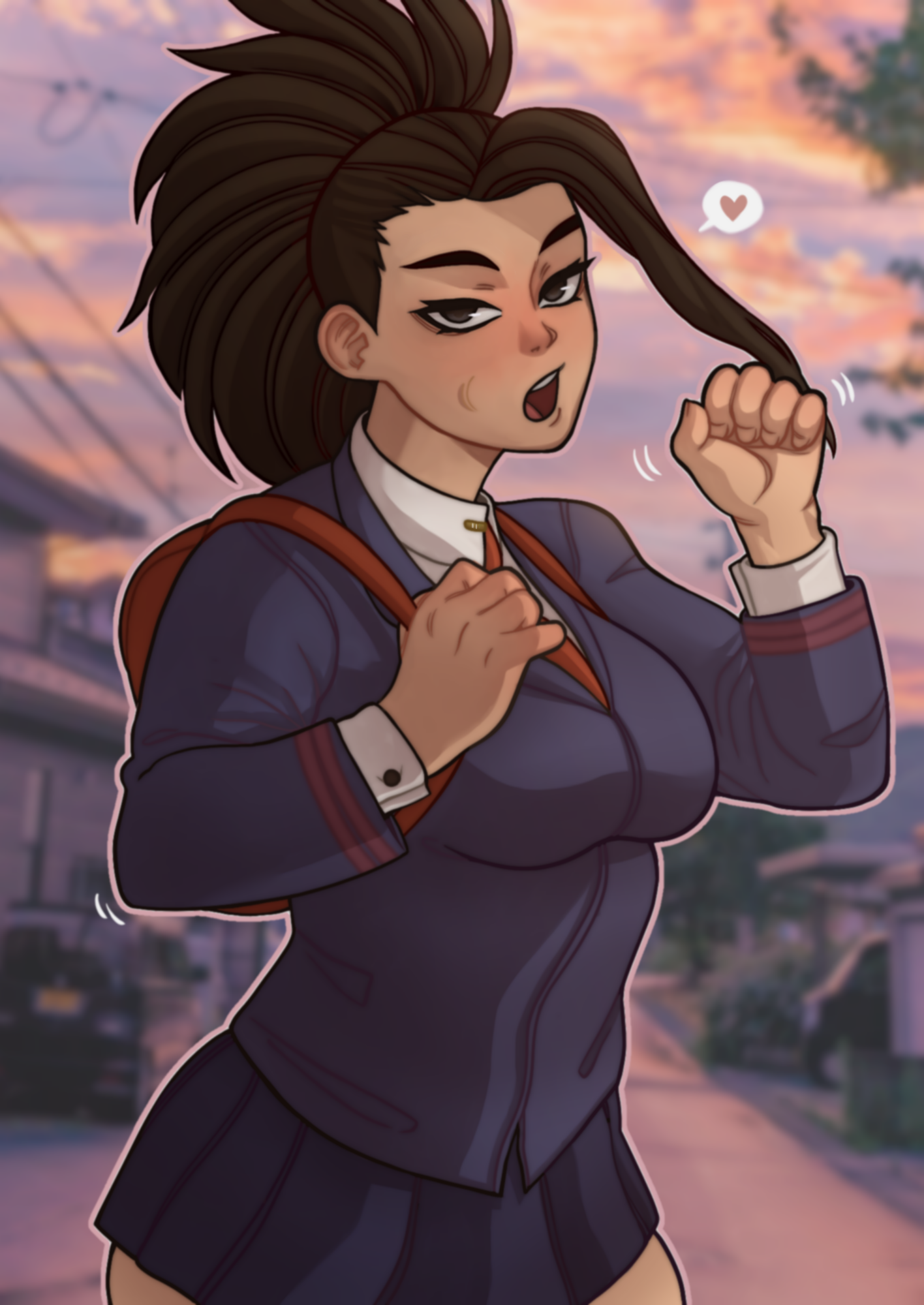 big breasts, black eyes, black hair, blowjob gesture, breasts, brown eyes, brown hair, fellatio gesture, female, gesture, lilliamfeels, looking at viewer, looking back, momo yaoyorozu, my hero academia, pov, school uniform, schoolgirl, student, sunset, walking