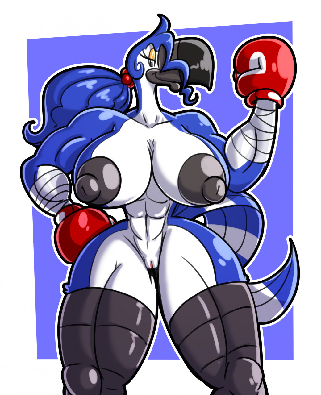 1girls abs anthro areola avian bandaged_arm beak bedroom_eyes biceps big_breasts bird black_areola black_nipples blue_eyes blue_hair boxing boxing_gloves boxing_gloves_only breasts busty clothing curvy eyeshadow female female_only genitals gloves hair handwear hi_res huge_breasts multicolored_body muscular muscular_anthro muscular_female narrowed_eyes nipples non-mammal_breasts ponytail pussy red_boxing_gloves red_gloves reina_(sachasketchy) sachasketchy seductive smile solo thick thick_hips thick_thighs tied_hair toucan two_tone_body wide_hips