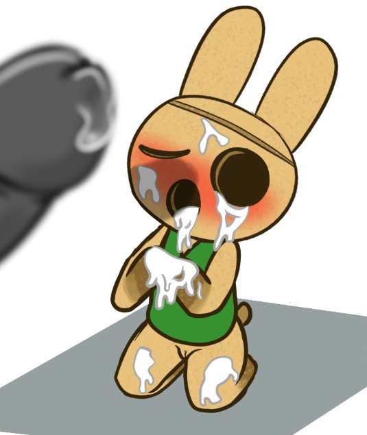 animal_crossing anthro biped blush bodily_fluids bodily_fluids_in_mouth bottomless brown_body clothed clothing coco_(animal_crossing) cum cum_in_mouth cum_inside cum_on_cheek cum_on_eye cum_on_face cum_on_hand cum_on_head cum_on_knee cum_on_penis duo ejaculation erection excessive_cum female genital_fluids genitals green_clothing green_shirt green_topwear grey_penis gyroid hands_together human kneeling lagomorph leaking_cum leporid looking_up mammal nintendo open_mouth partially_clothed penis penis_shadow pussy rabbit shadow shirt simple_background topwear video_games weirdkoaladream white_background