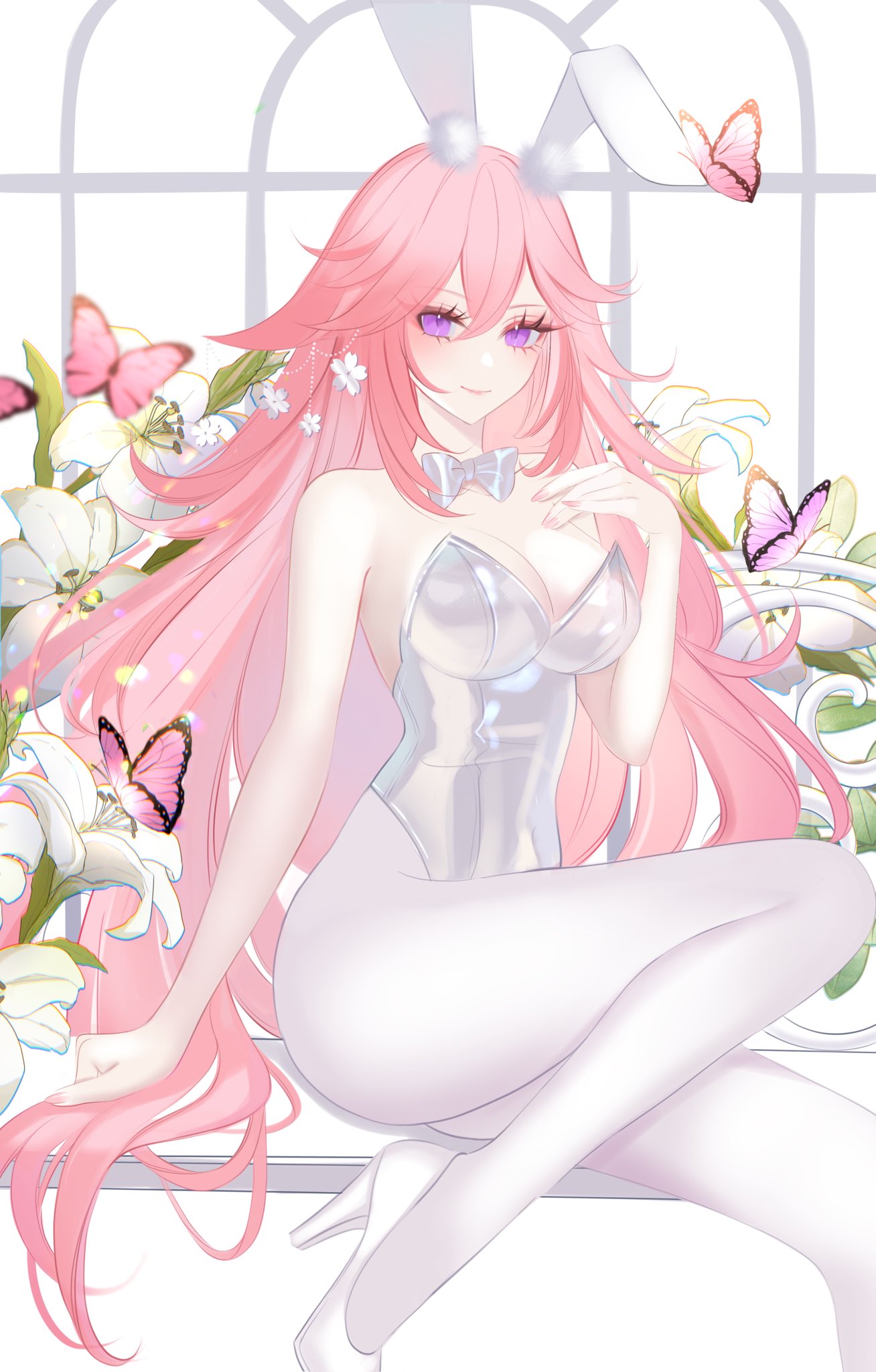 animal_ears arisu bare_shoulders belly_button_visible_through_clothing big_breasts blush blushing bow bowtie breasts bunny_costume bunny_ears bunny_girl bunnysuit butterfly curvaceous curves curvy curvy_body curvy_female curvy_figure curvy_hips fake_animal_ears flower_hair_ornament fox fox_ears fox_girl fox_tail genshin_impact hand_on_breast large_breasts legs light_blush long_hair milf nails painted_nails pink_hair pink_nails purple_eyes shoulders shrine_maiden sitting slight_blush thick_legs thick_thighs thighs thin thin_waist violet_eyes white_clothing yae_miko