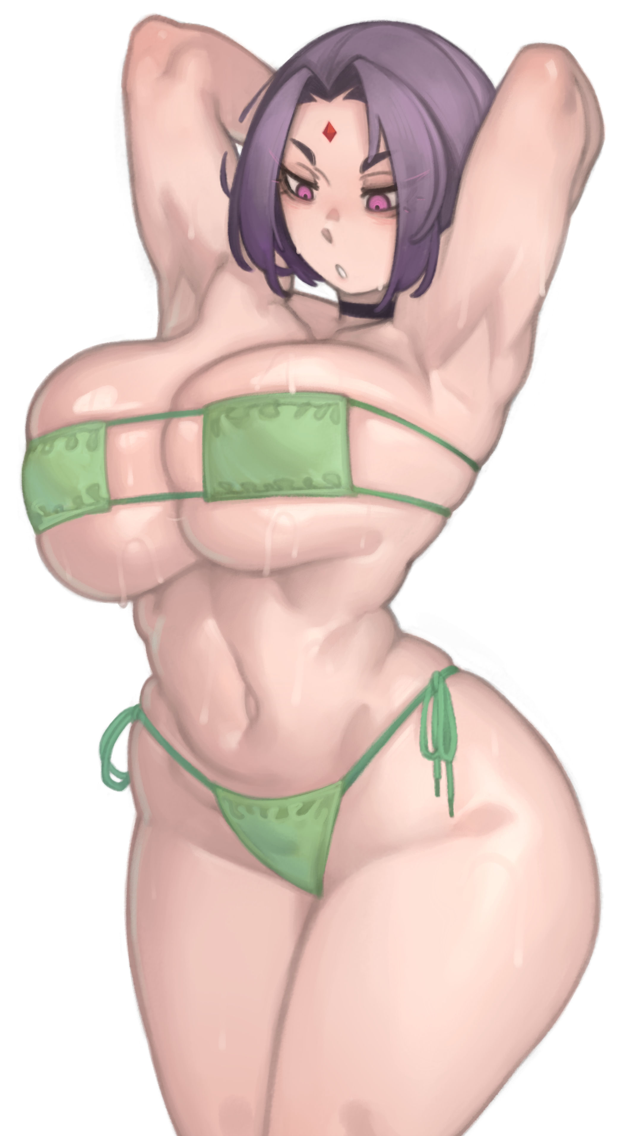 1girls, alternate body type, alternate breast size, armpits, arms behind head, big breasts, bikini, boobs, breasts, busty, choker, clothing, curvaceous, curvy, curvy body, curvy female, curvy figure, dc, dc comics, eyepatch bikini, female, female focus, female only, huge breasts, human, kelvin hiu, large breasts, light skin, nonsexual, pale skin, purple eyes, purple hair, rachel roth, raven (dc), solo, solo female, standing, teen titans, thick thighs, thighs, voluptuous, wide hips