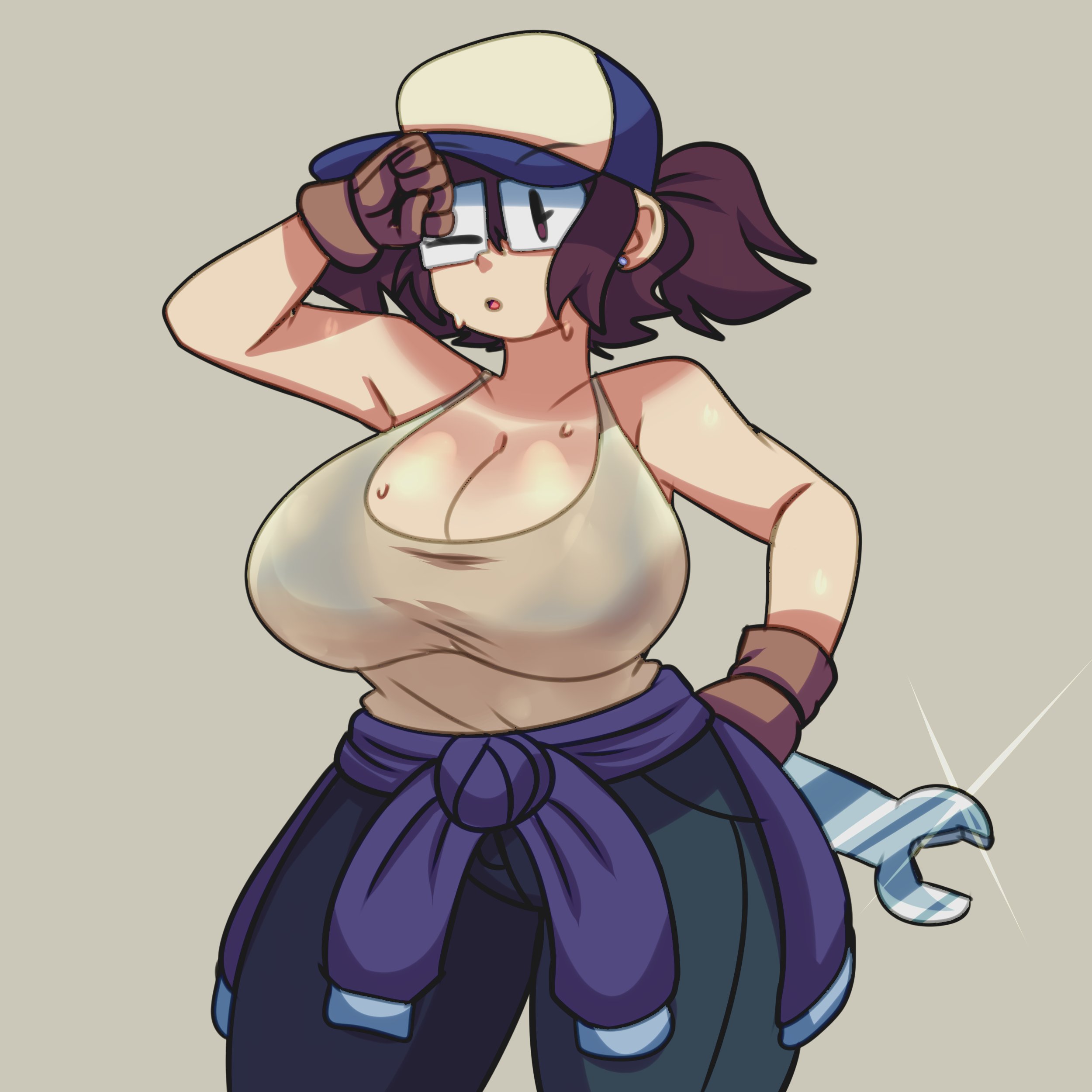 big breasts, breasts, cleavage, clothed, clothing, female, lueduar, lueduartv, lulú (lueduar), one eye closed, solo, sweat, sweatdrop, tagme