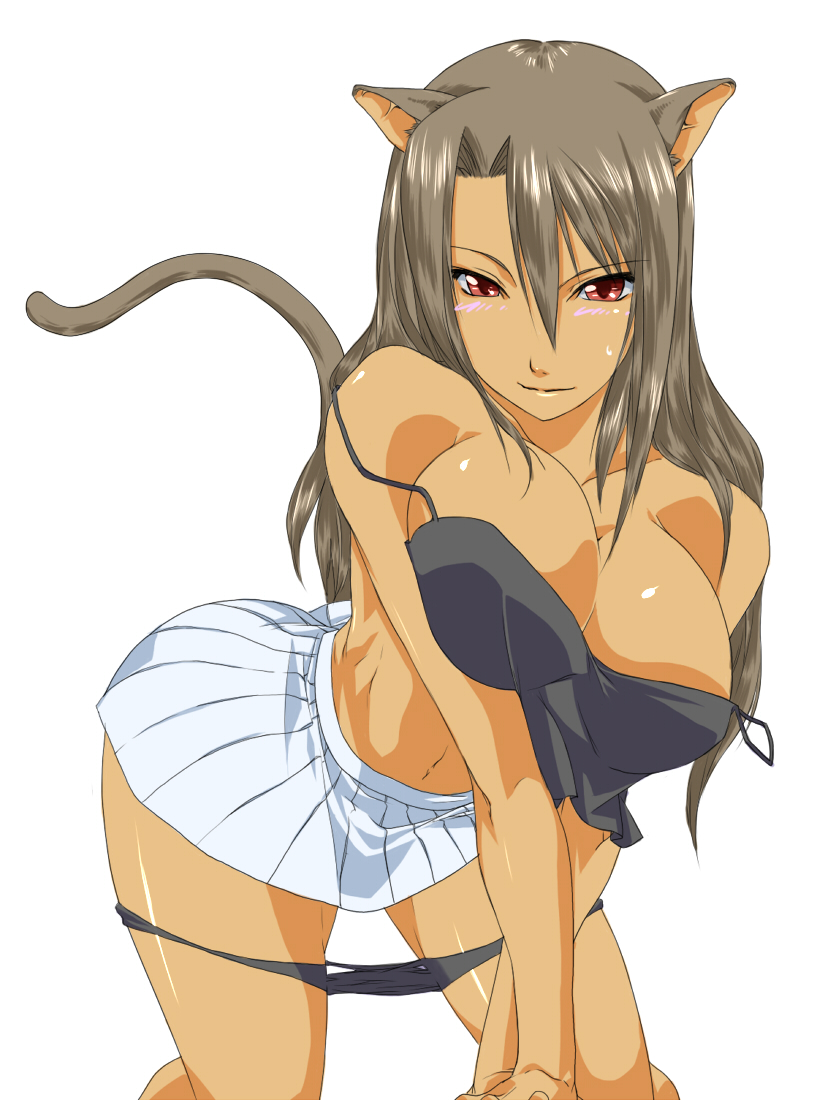 bare_shoulders breasts dark_skin female ksaiki large_breasts leaning_forward skirt tanned