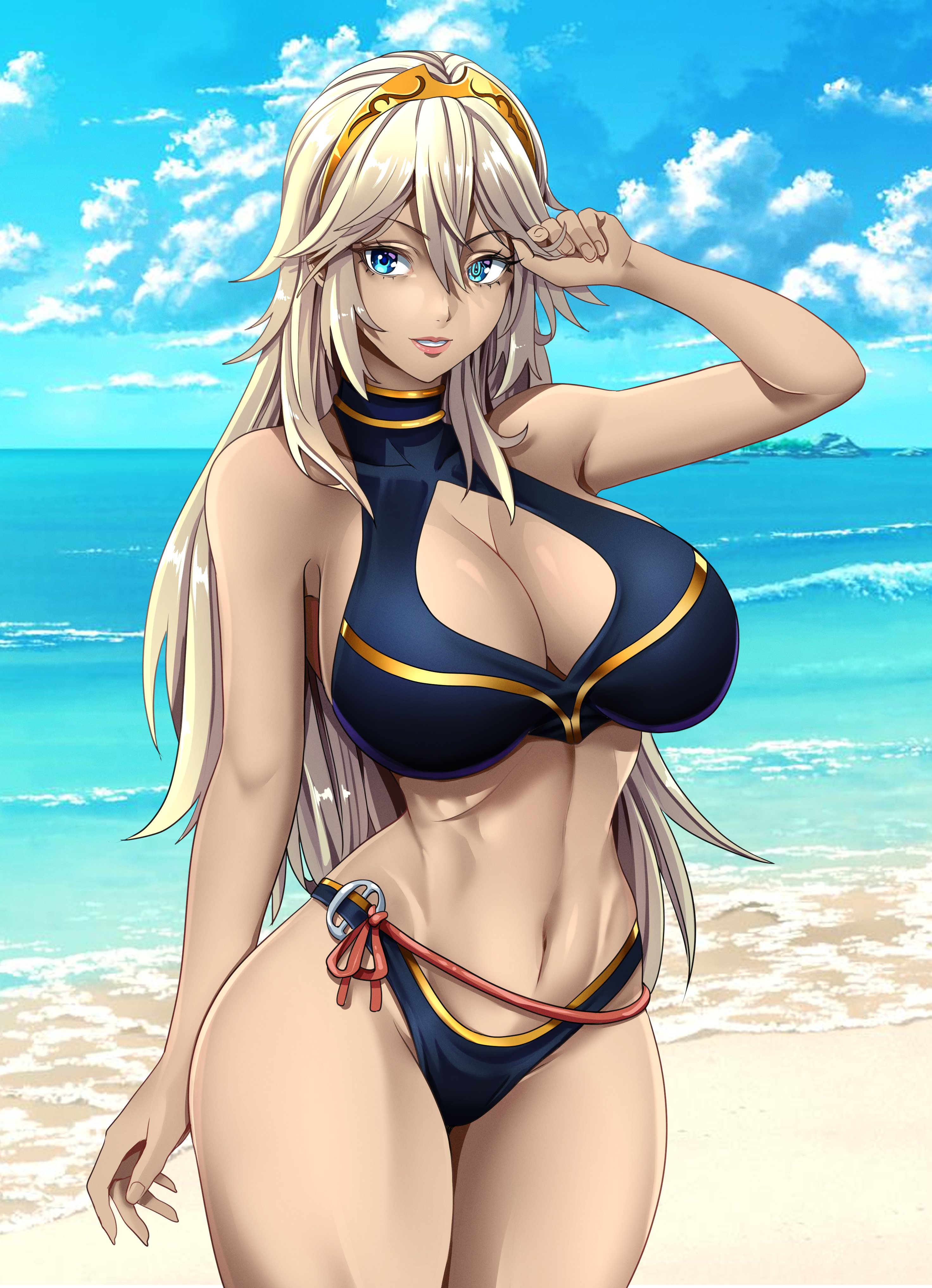 1girls, alternate color, alternate costume, alternate hair color, alternate skin color, bare thighs, beach, bikini, blonde hair, blue bikini, blue eyes, blue swimsuit, breasts, cleavage, cleavage cutout, female, female only, fire emblem, fire emblem awakening, grey hair, grin, hourglass figure, kerana art, large breasts, lucina (fire emblem), nintendo, ocean, outdoors, sideboob, smile, swimsuit, symbol-shaped pupils, tan, tan body, tanned, tanned female, tanned skin, thick thighs, thighs, tiara