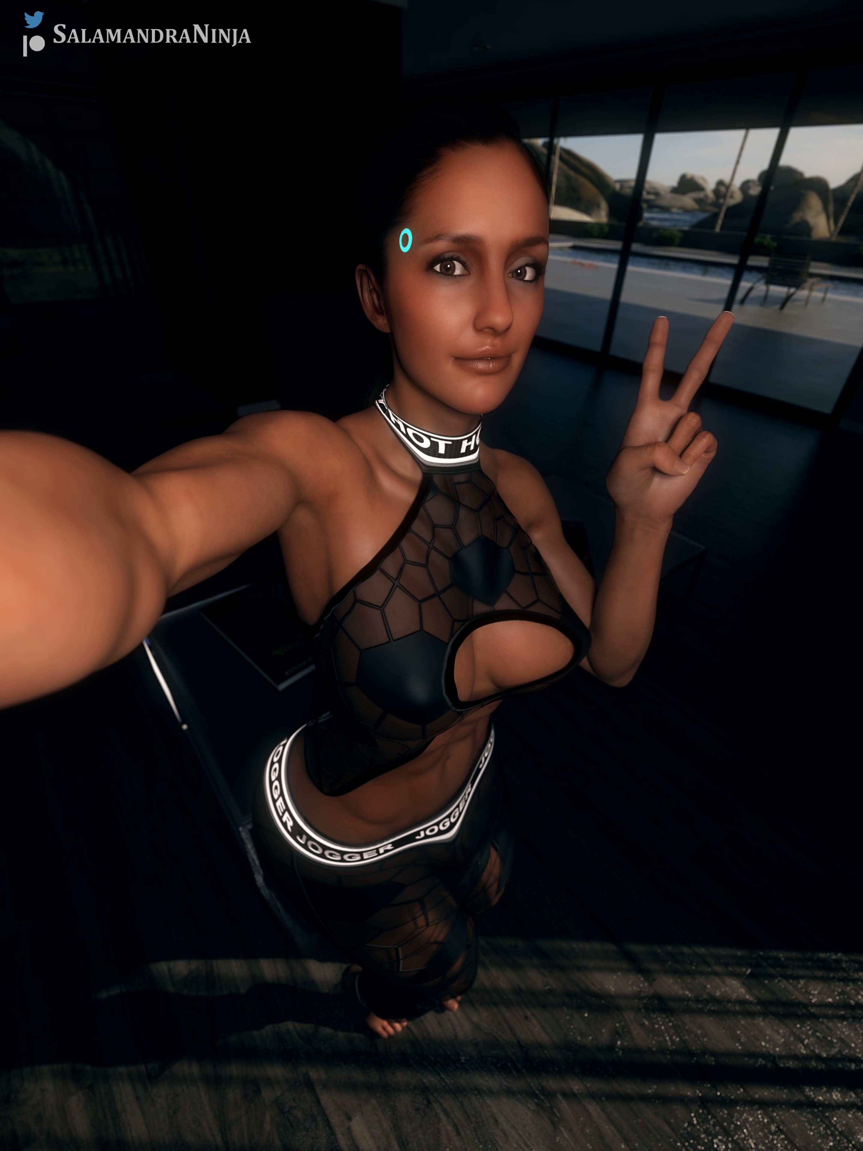1futa, 3d, abs, big breasts, black hair, breasts, brown eyes, bulge, clothing, dark skin, dark-skinned futa, detroit: become human, feet, futa only, futanari, intersex, muscular, muscular futa, north (detroit: become human), salamandraninja, selfie, solo