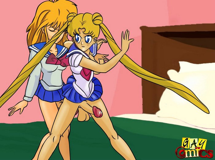 2futas balls bishoujo_senshi_sailor_moon blonde_hair bottomless breasts clothed clothing duo futa_on_futa futa_only futanari gay_comics human light-skinned_futanari light_skin long_hair mostly_clothed penis skirt twintails usagi_tsukino