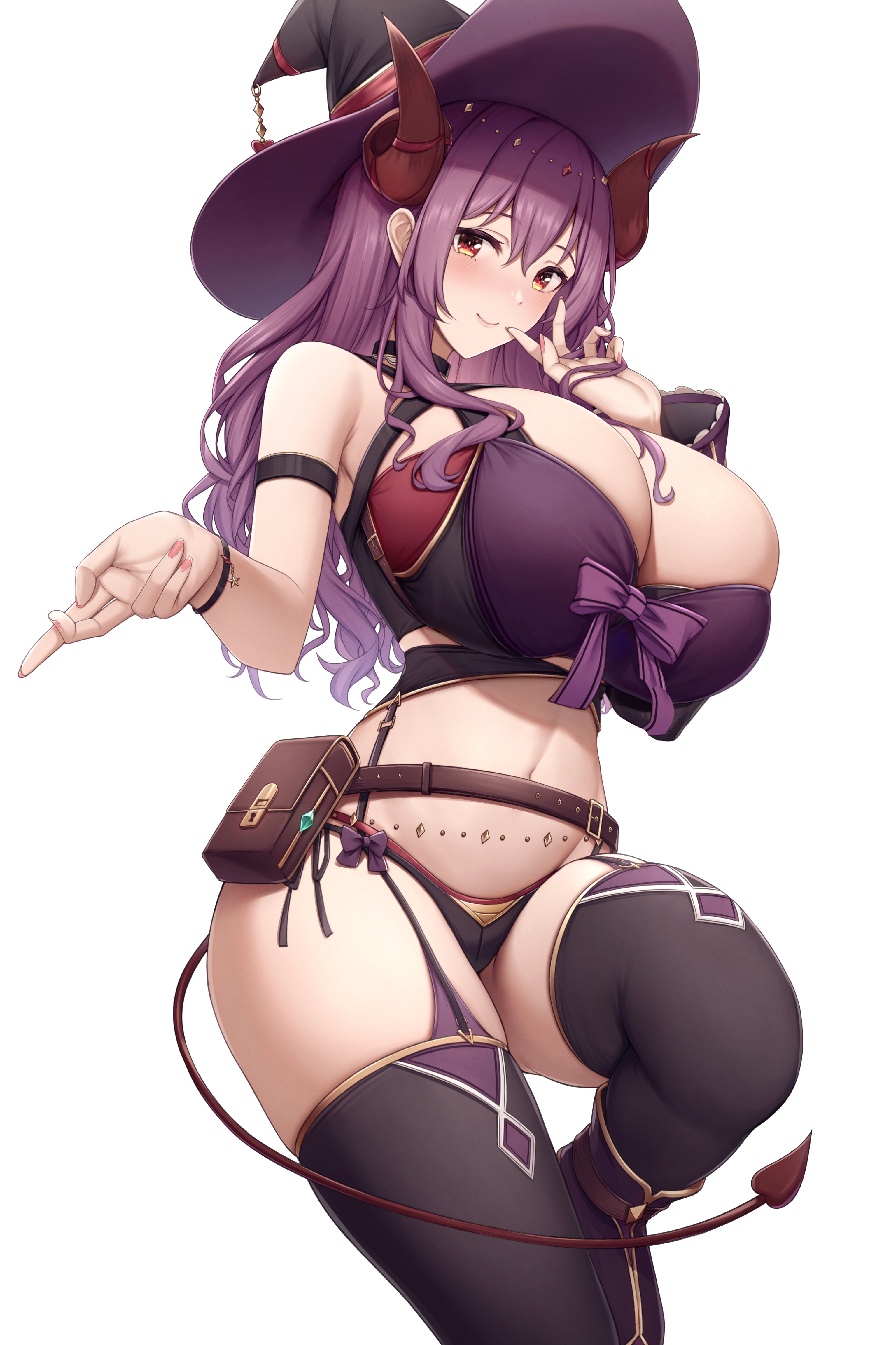 breasts, curved horn, female, horns, huge breasts, kannko bokujou, paintcan, purple hair, tagme, thighhighs, witch hat